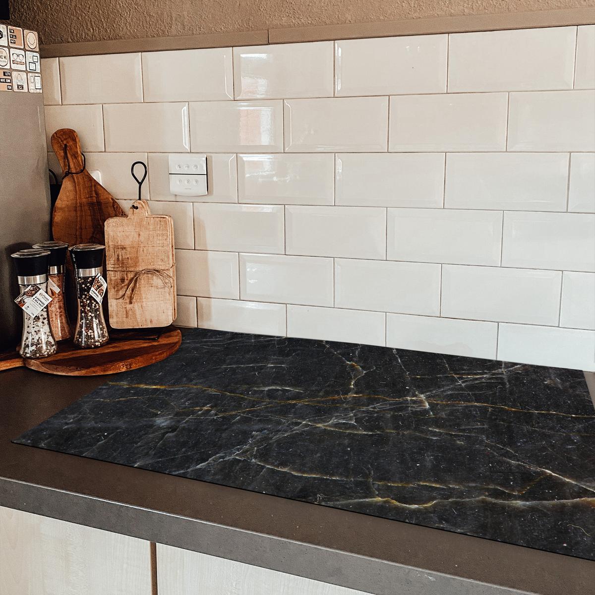 HERDABDECKPLATTE Marmor - Schwarz - Gold - Grau - Marmorstruktur Induktionsmatte 83x51 cm - Goldfarben, Kunststoff (83/51.5/0.2cm) - MuchoWow