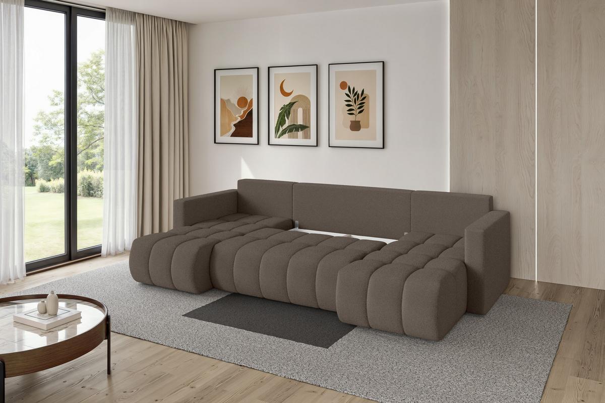 WOHNLANDSCHAFT mit Schlaffunktion und Bettkasten GARD-U 300x146x85 Braun Bouclé - Schwarz/Braun, Holzwerkstoff/Kunststoff (300/85/146cm) - ALTDECOR