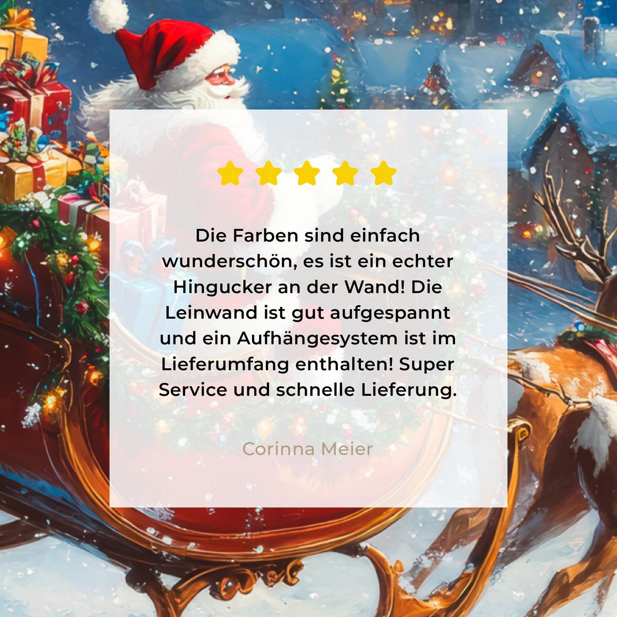 LEINWANDBILD Weihnachtsmann - Rentier - Weihnachten - Schnee Wandbild Wohnzimmer 50x50 cm - Cognac, Textil (50/50cm) - MuchoWow