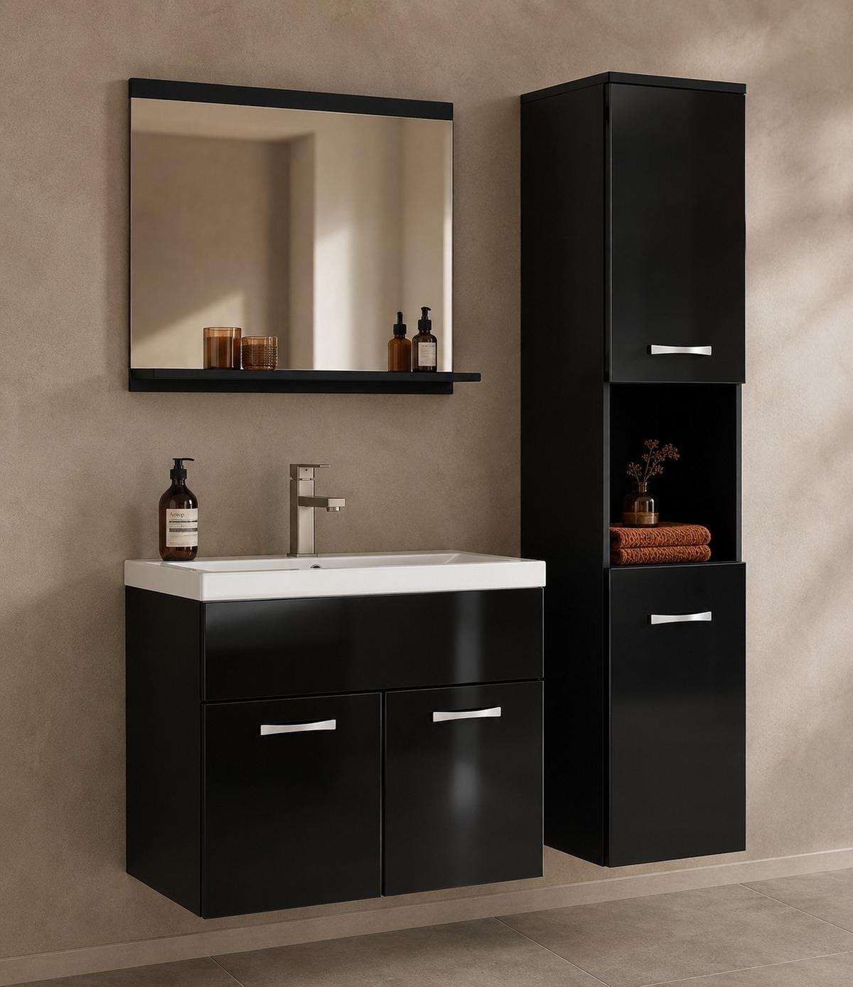 BADMÖBEL-SET Montreal 2 Teile Schwarz Hochglanz - 60 x 35 x 51 cm - Schwarz, Holz (60/51/35cm) - Badplaats