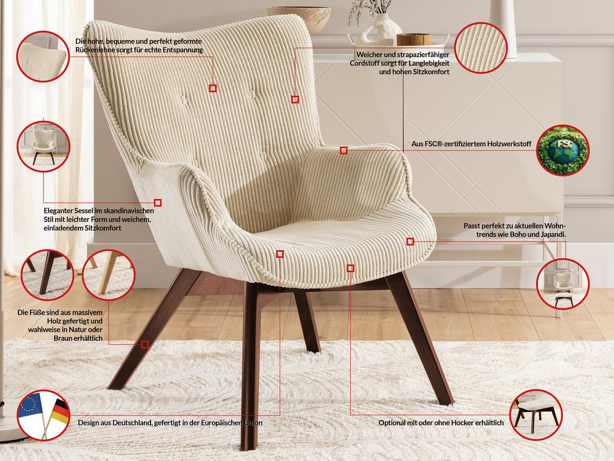 LOUNGESESSEL Lenari Beige Cordstoff mit Füßen in Braun - Beige/Braun, Holz/Textil (71/96/86cm) - S-Style Möbel