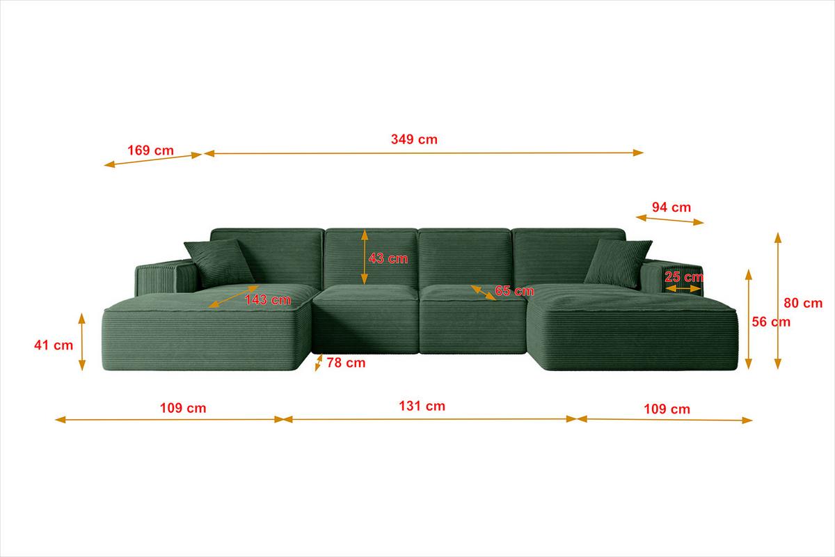 WOHNLANDSCHAFT SIERRA-U - 349x169x80 cm Grün Cord - Schwarz/Grün, Holzwerkstoff/Kunststoff (349/80/169cm) - ALTDECOR