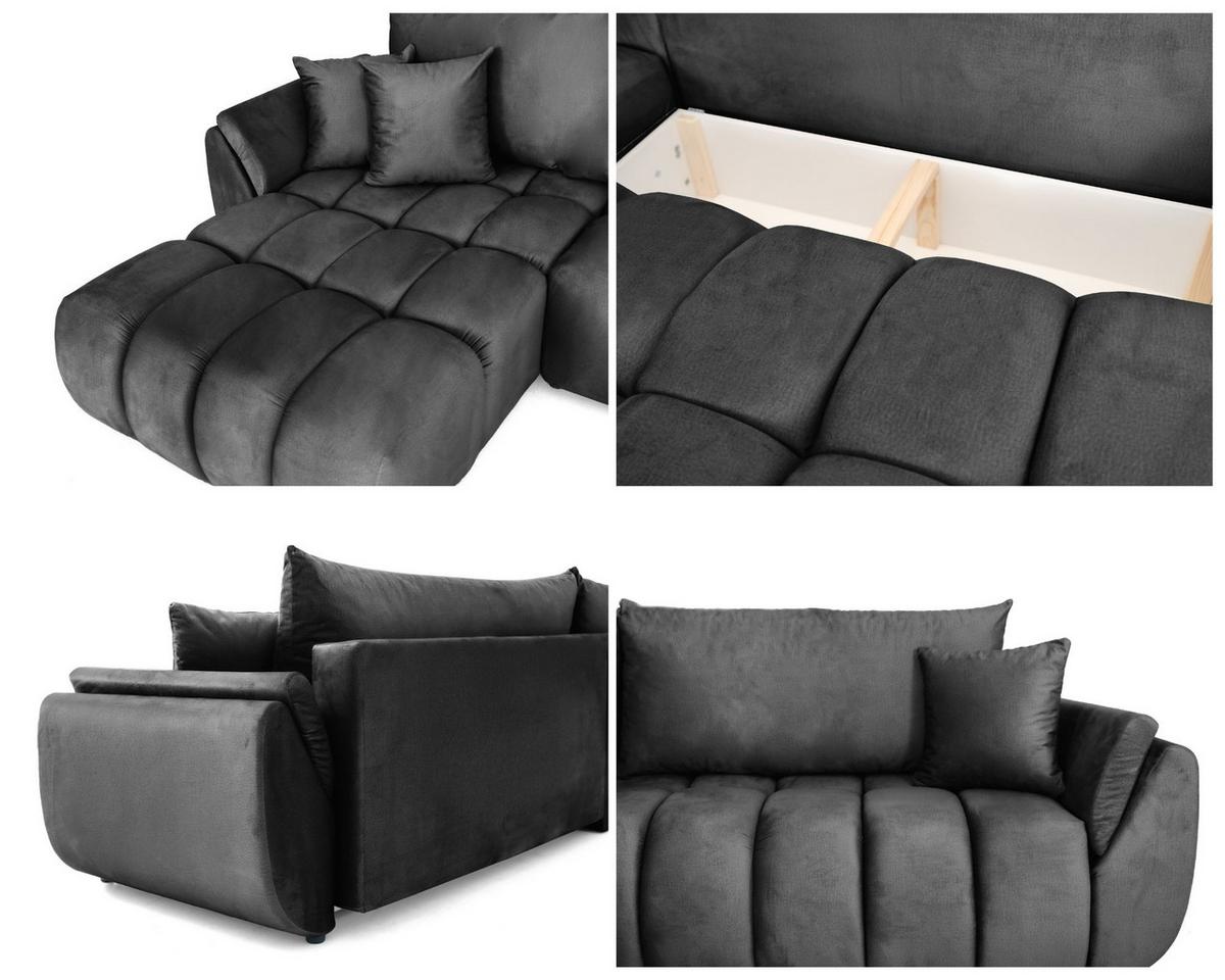 ECKSOFA Iris mit Schlaffunktion und Bettkasten, links oder rechts montierbar – Grau Samt 280/184/85 cm - Schwarz/Grau, Kunststoff/Textil (280/184cm) - WFL GROUP
