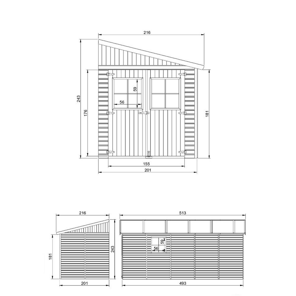 HOLZ-GARTENHAUS (ohne Seitenwand) - H244x211x514 cm/10 m2 - M341 - Beige, Holz (216/243/493cm) - Timbela