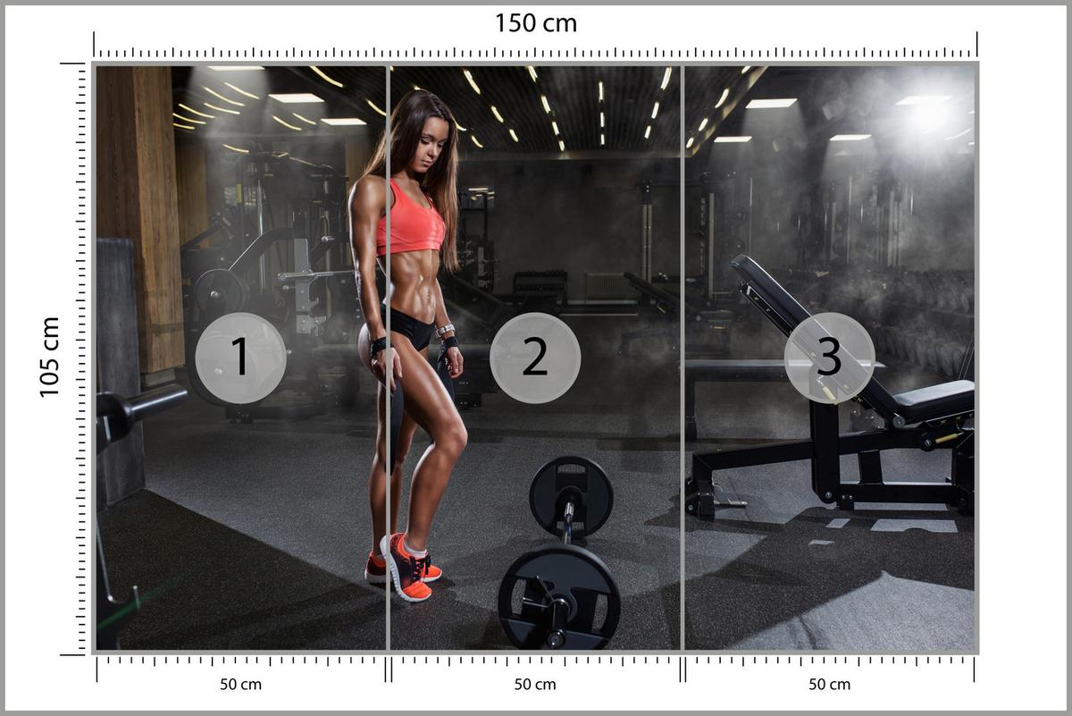 FOTOTAPETE Fit Frau Gym Langhantel Kraft Sport Fitnessstudio 150x105 - Schwarz/Braun, Papier (150/105cm) - Muralo