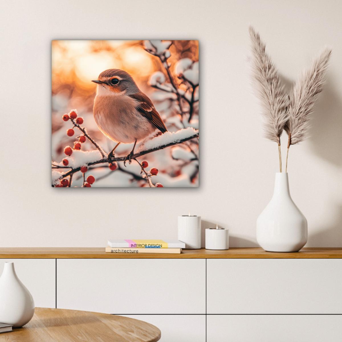 LEINWANDBILD Vogel - Zweig - Winter - Tiere - Schnee Wandbild Wohnzimmer 50x50 cm - Bernsteinfarben, Textil (50/50cm) - MuchoWow