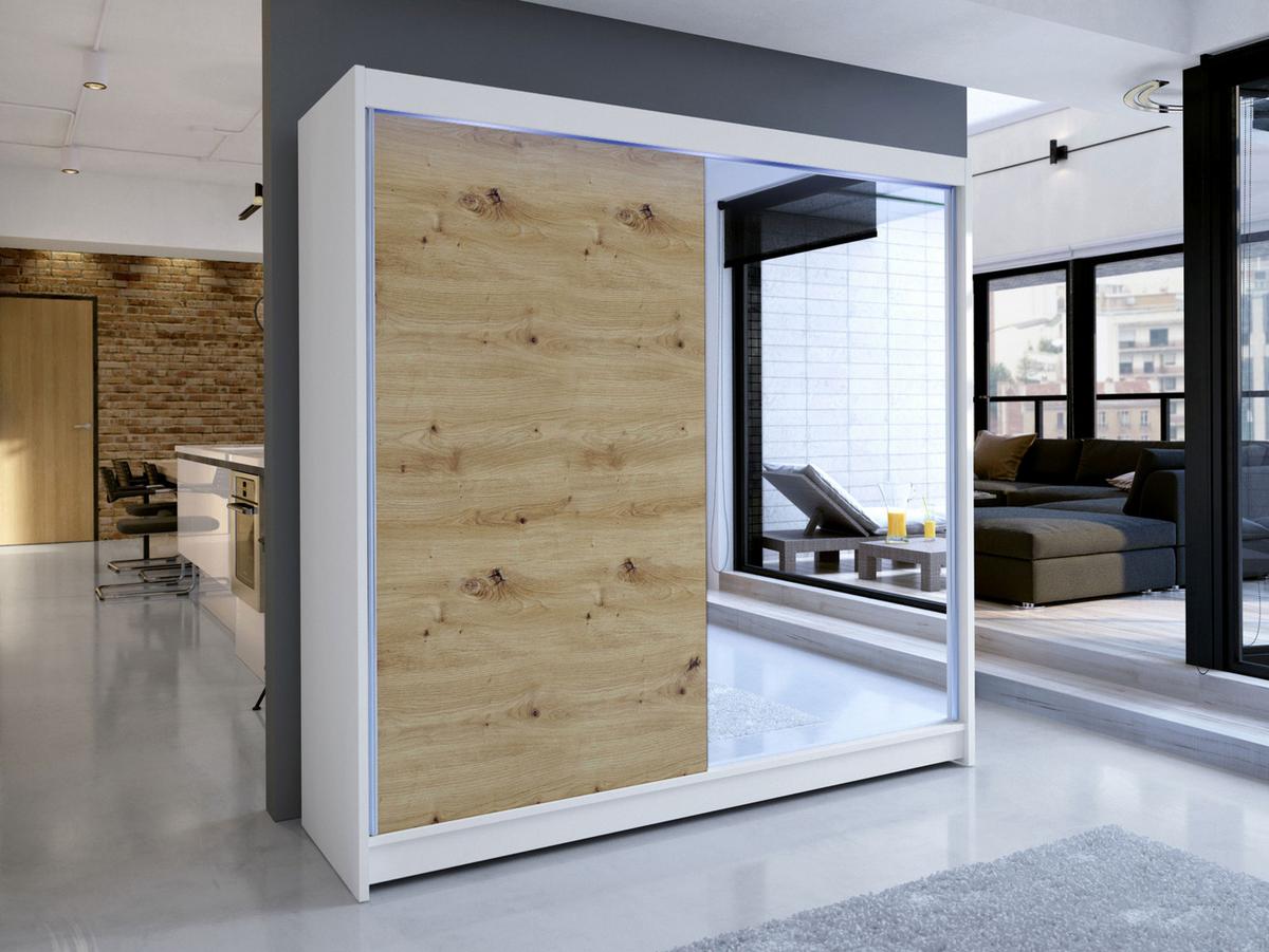 SCHWEBETÜRENSCHRANK Talin I, mit RGB LED Beleuchtung - Silberfarben/Eiche Artisan, Holzwerkstoff/Metall (180/215/58cm) - MIRJAN24