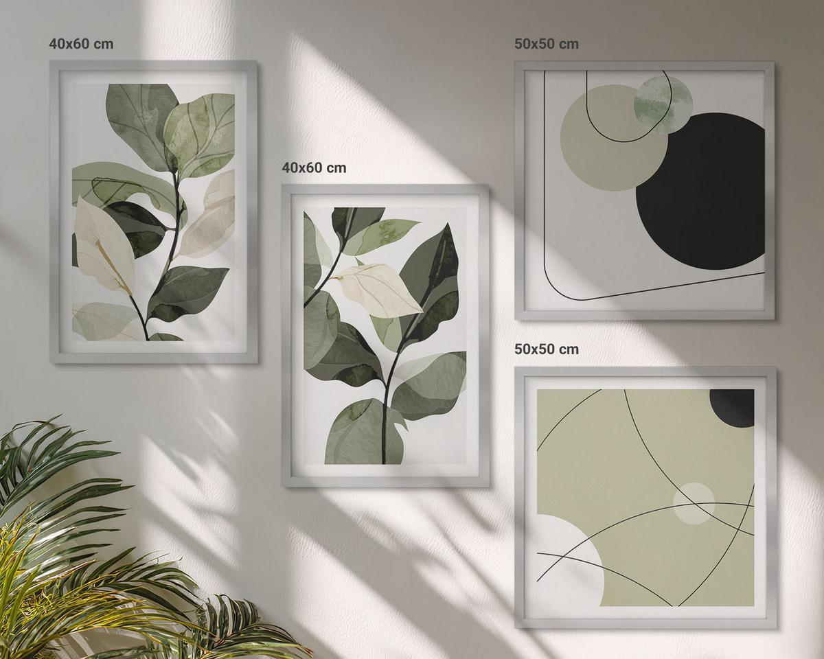 BILDER SET 4er Set - 50x50 cm & 40x60 cm Silberner Rahmen - Abstrakte Darstellung gemalter Blätter - Silberfarben, Kunststoff (50/50cm) - TULUP