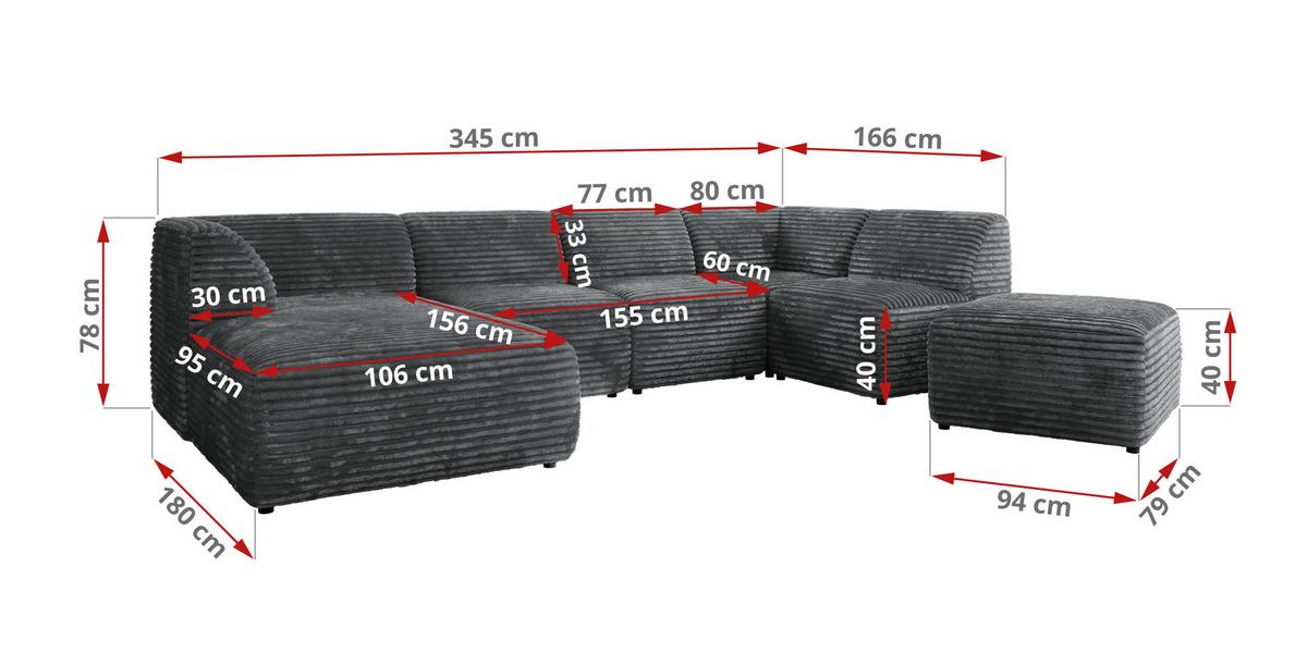 WOHNLANDSCHAFT MODARO U 6M - Dunkelgrau Cord - Rechts - Dunkelgrau/Schwarz, Textil (345/78/180cm) - MKS