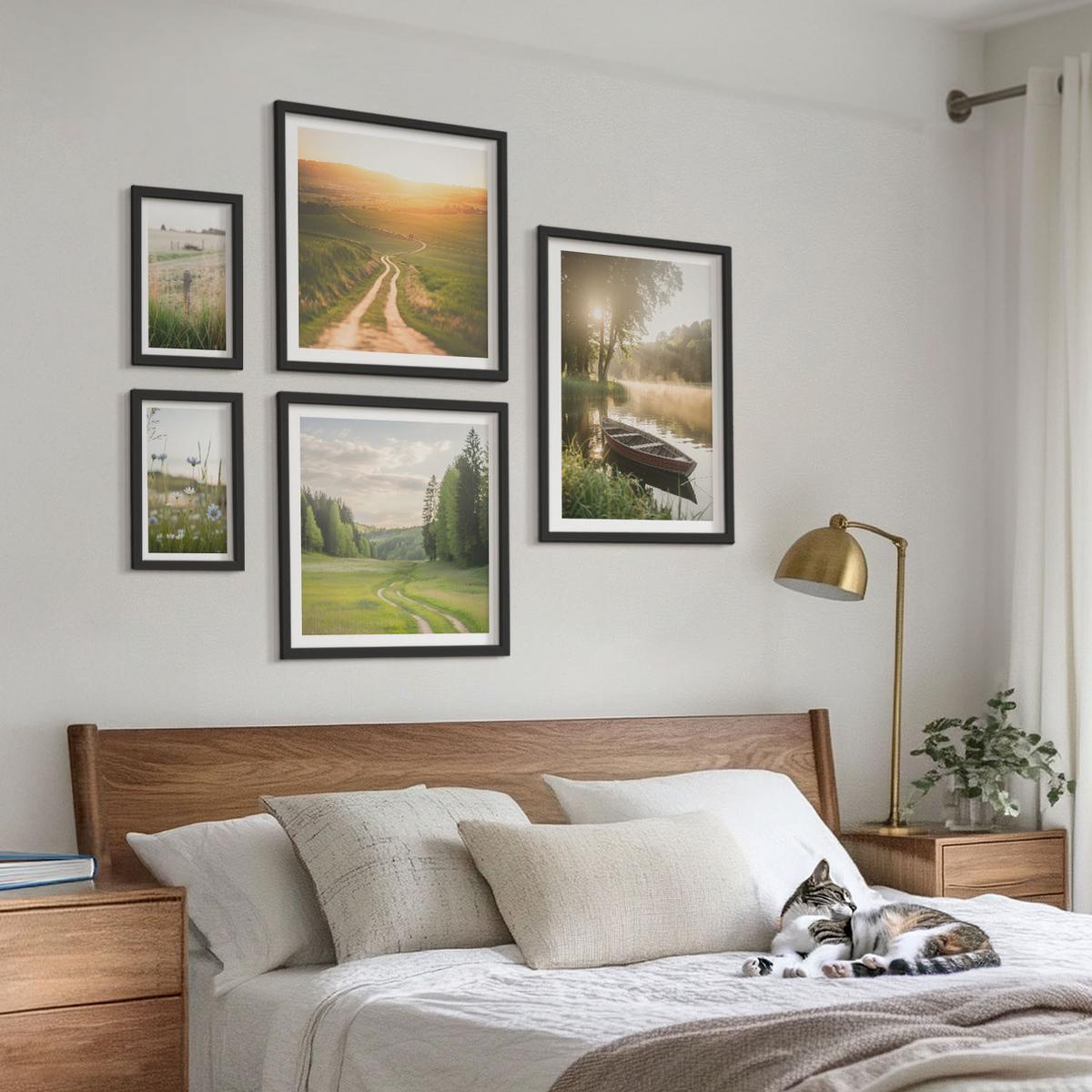 BILDER SET 5er Set - 50x50 cm & 20x30 cm & 40x60 cm Schwarzer Rahmen - Landschaftswiesenstraße West - Schwarz, Kunststoff (40/60cm) - TULUP