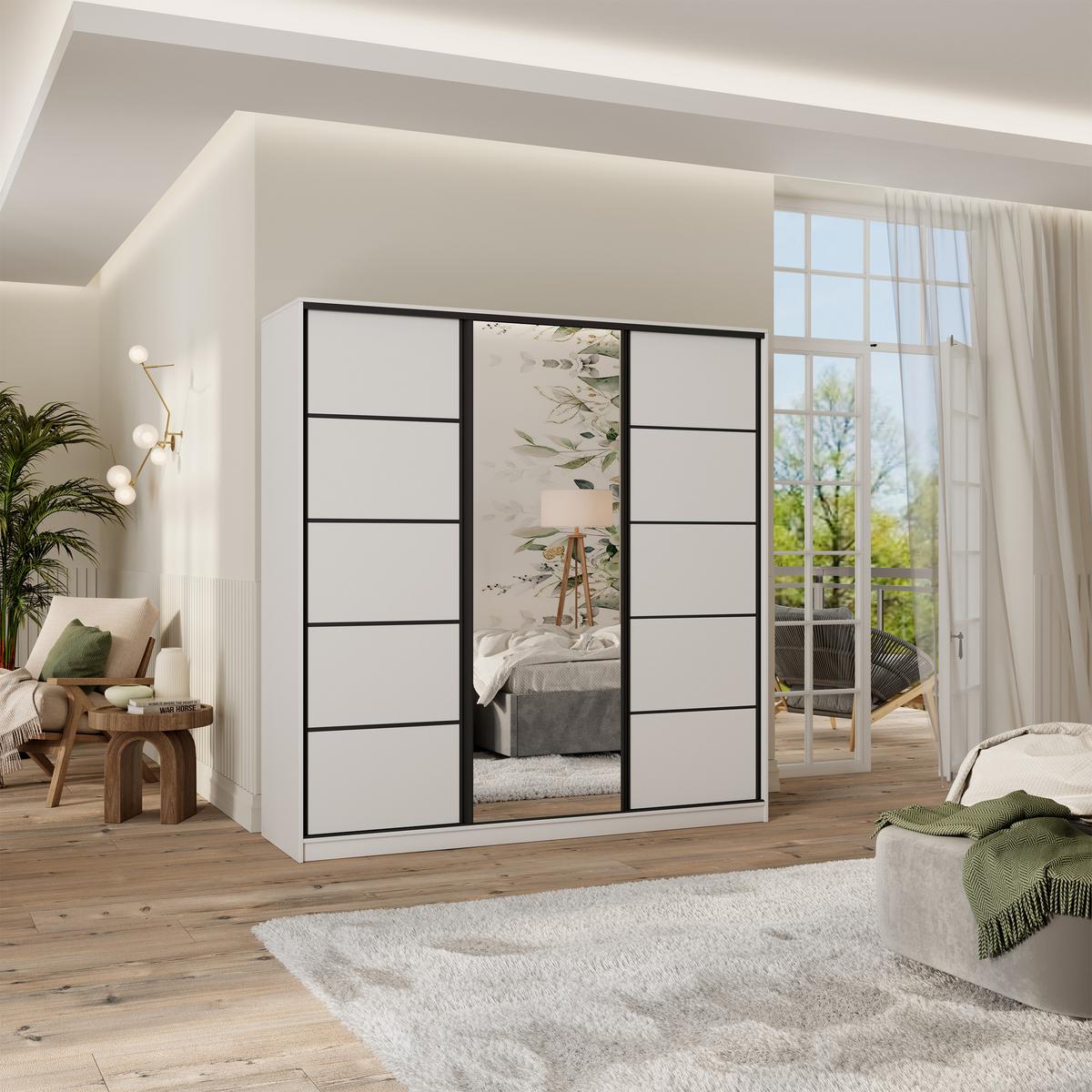 SCHWEBETÜRENSCHRANK PINA 200/205/58 cm 3-türig mit Spiegel und 4 Schubladen Weiß - Weiß, Holzwerkstoff (200/205/58cm) - MASSENO