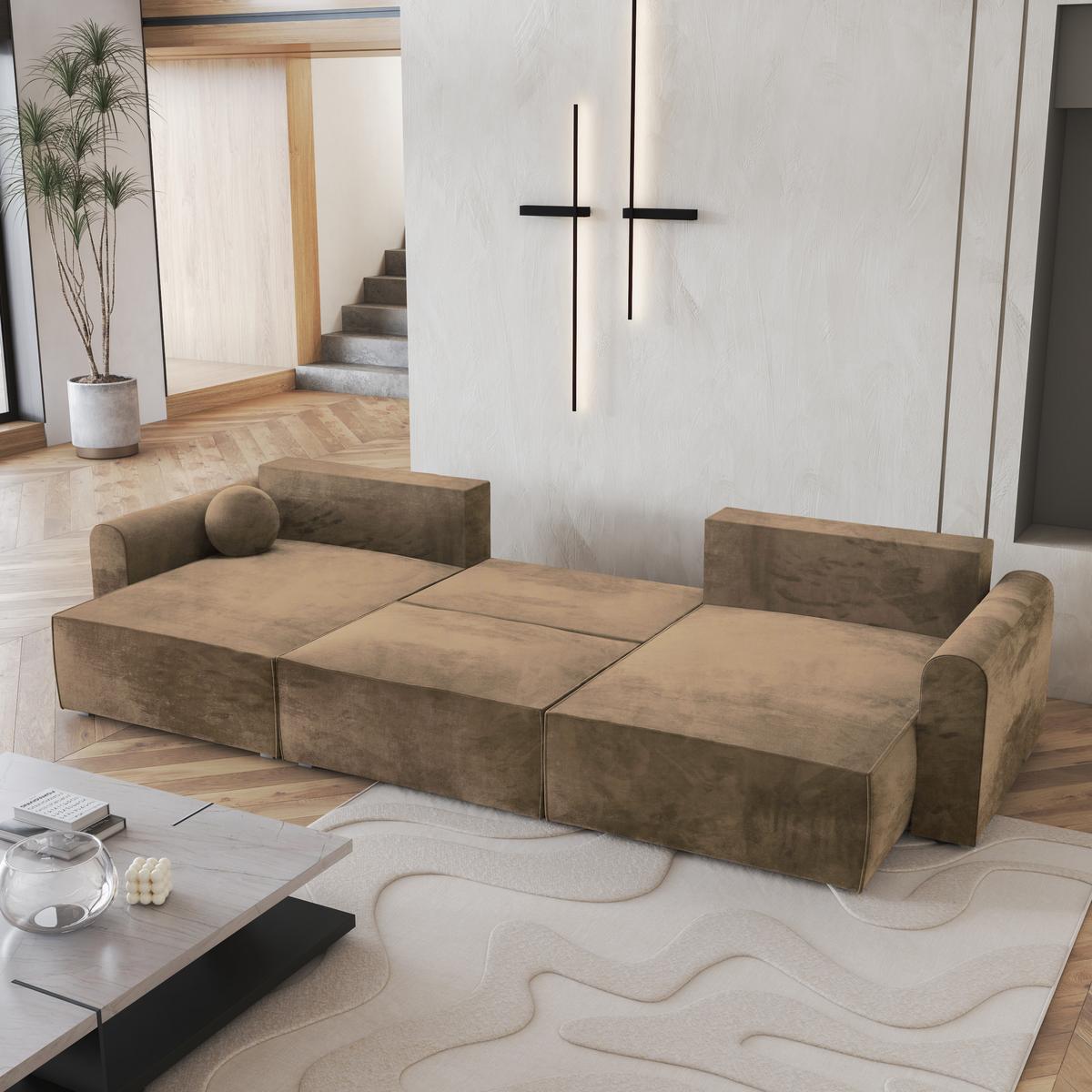 WOHNLANDSCHAFT FENTO M Beige Velours-Stoff mit Schlaffunktion - Beige/Grau, Holz/Kunststoff (347/90/148cm) - MASSENO
