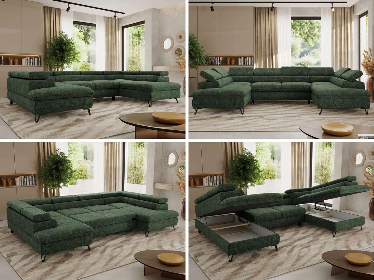 WOHNLANDSCHAFT PABLO U Schenille grob gewebt Dunkelgrün mit Topper Visco - Dunkelgrün/Schwarz, Textil/Metall (346/76/208cm) - MKS