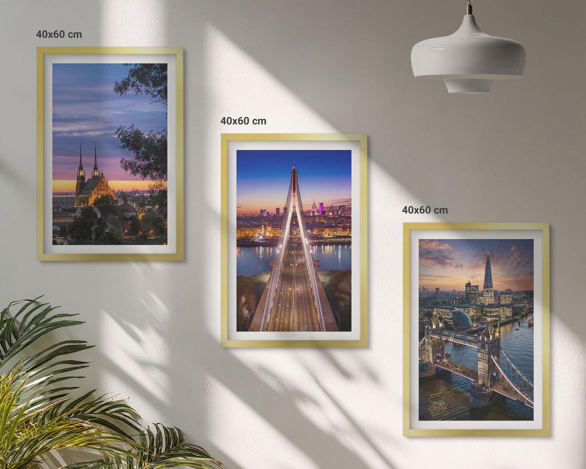 BILDER SET 3er Set - 40x60 cm Goldrahmen - Ausblicke auf Brücken und Sonnenuntergänge - Goldfarben, Kunststoff (40/60cm) - TULUP