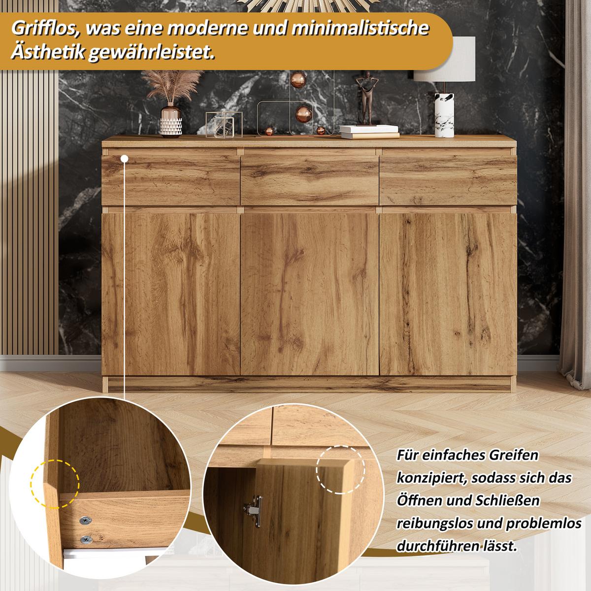 SIDEBOARD Holzoptik Natur 135cm mit 3 Türen & 3 Schubladen - Naturfarben, Holzwerkstoff (135/81/40cm) - Urban Meuble