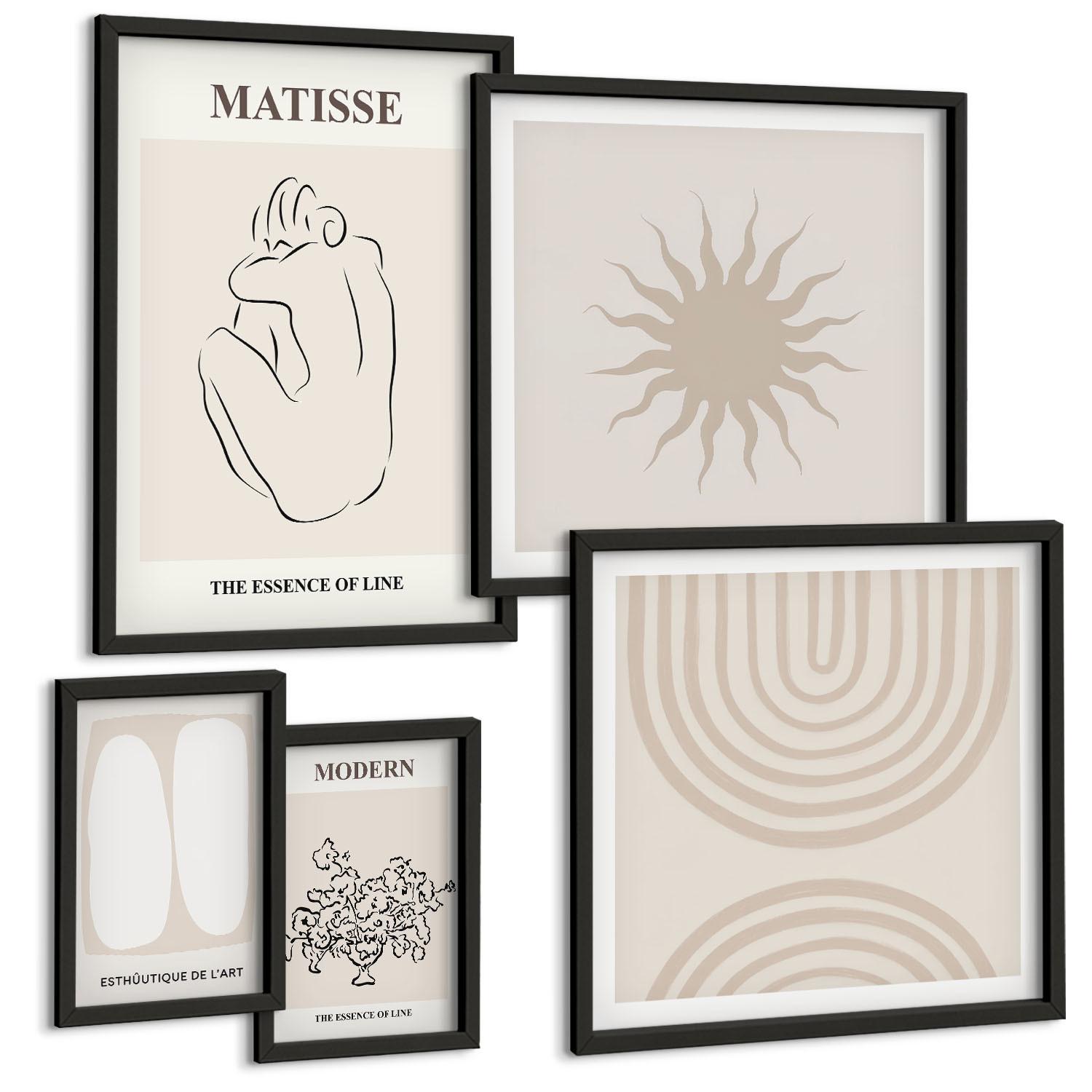 BILDER SET 5er Set - 50x50 cm & 20x30 cm & 40x60 cm Schwarzer Rahmen - Stilvolle minimalistische Linien - Schwarz, Kunststoff (40/60cm) - TULUP