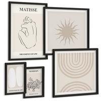 BILDER SET 5er Set - 50x50 cm & 20x30 cm & 40x60 cm Schwarzer Rahmen - Stilvolle minimalistische Linien - Schwarz, Kunststoff (40/60cm) - TULUP