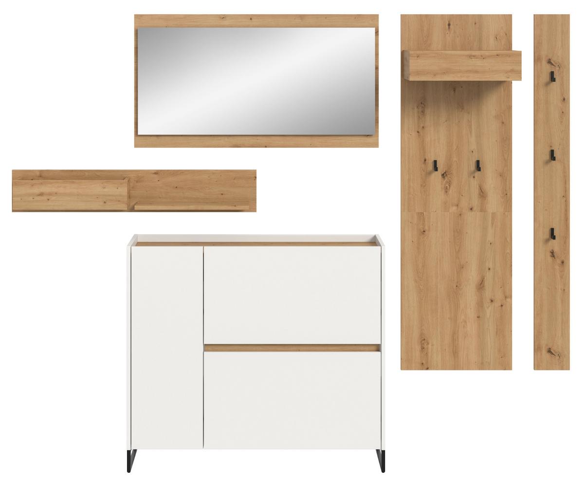 GARDEROBE-SET weiß und Artisan Eiche, Garderobe 5-teilig, 236 x 192 cm, Soft-Close, Borga - Schwarz/Weiß, Holzwerkstoff/Metall (236/192/32cm) - Inn.Furn