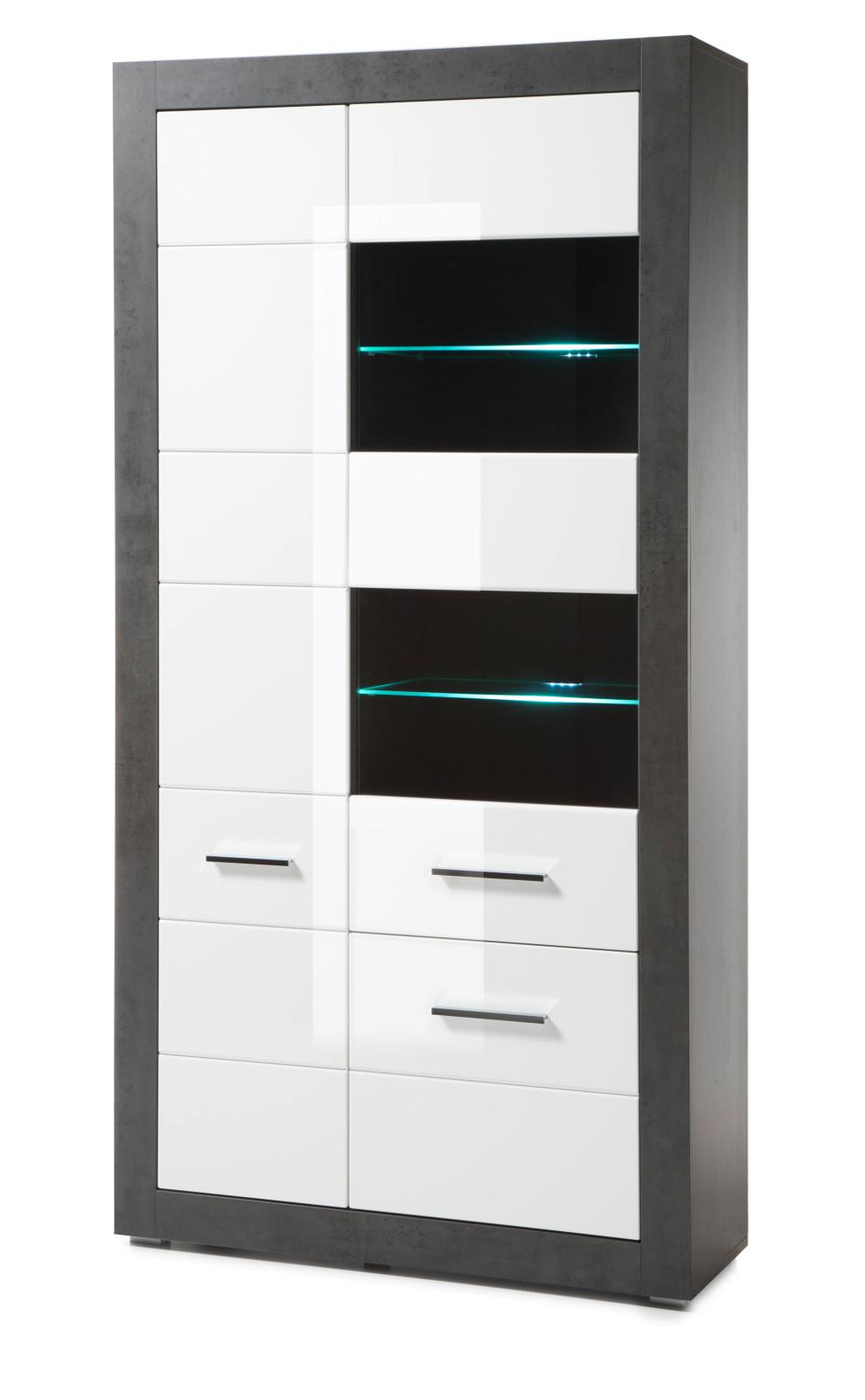 VITRINE weiß Hochglanz, grau Stone 100 cm, Vitrinenschrank mit 10 Fächern - Chromfarben/Weiß Hochglanz, Glas/Holzwerkstoff (100/198/35cm) - Furn.Design