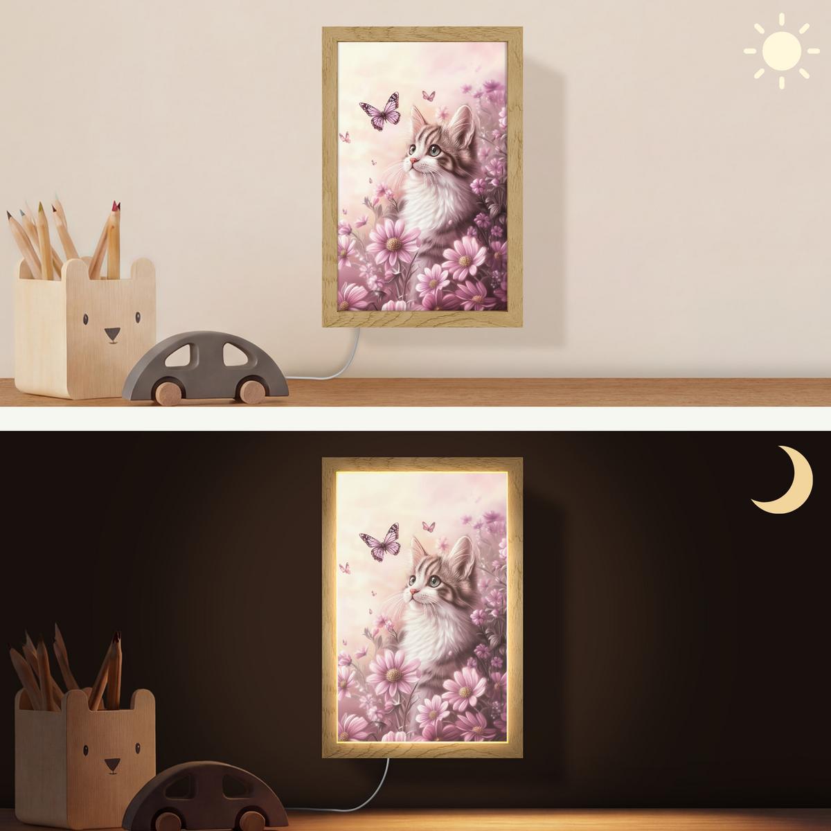 WANDLEUCHTE Kätzchen - Blumen - Schmetterlinge - Lila 20x30 cm - Altrosa, Holzwerkstoff (20/30/8cm) - OnlyWow