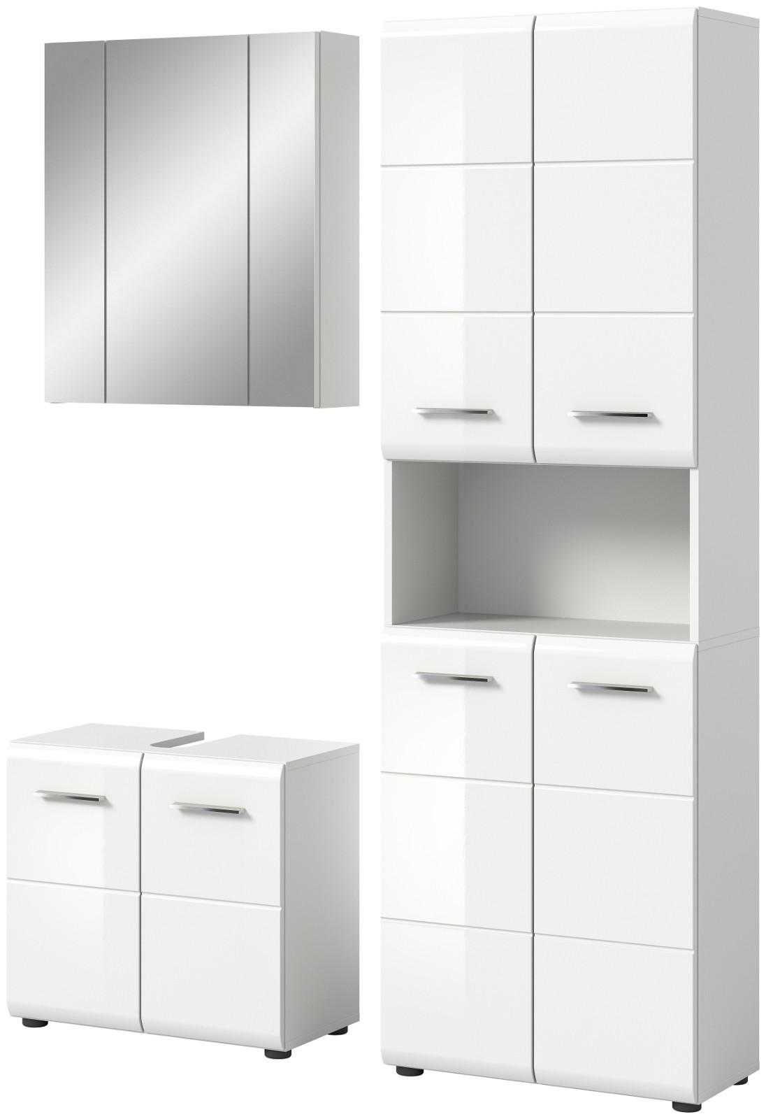 BADMÖBEL-SET 3-teilig weiß Hochglanz, Badkombination 135 cm mit viel Stauraum - Weiß Hochglanz/Silberfarben, Glas/Holzwerkstoff (135/185/30cm) - Inn.Furn