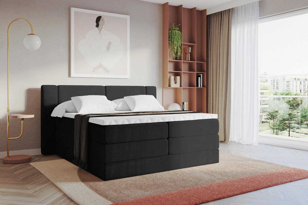 BOXSPRINGBETT mit Matratze H3/H4 - EVON KING - 180x200 cm Schwarz - Schwarz, Holzwerkstoff (180/200cm) - ALTDECOR