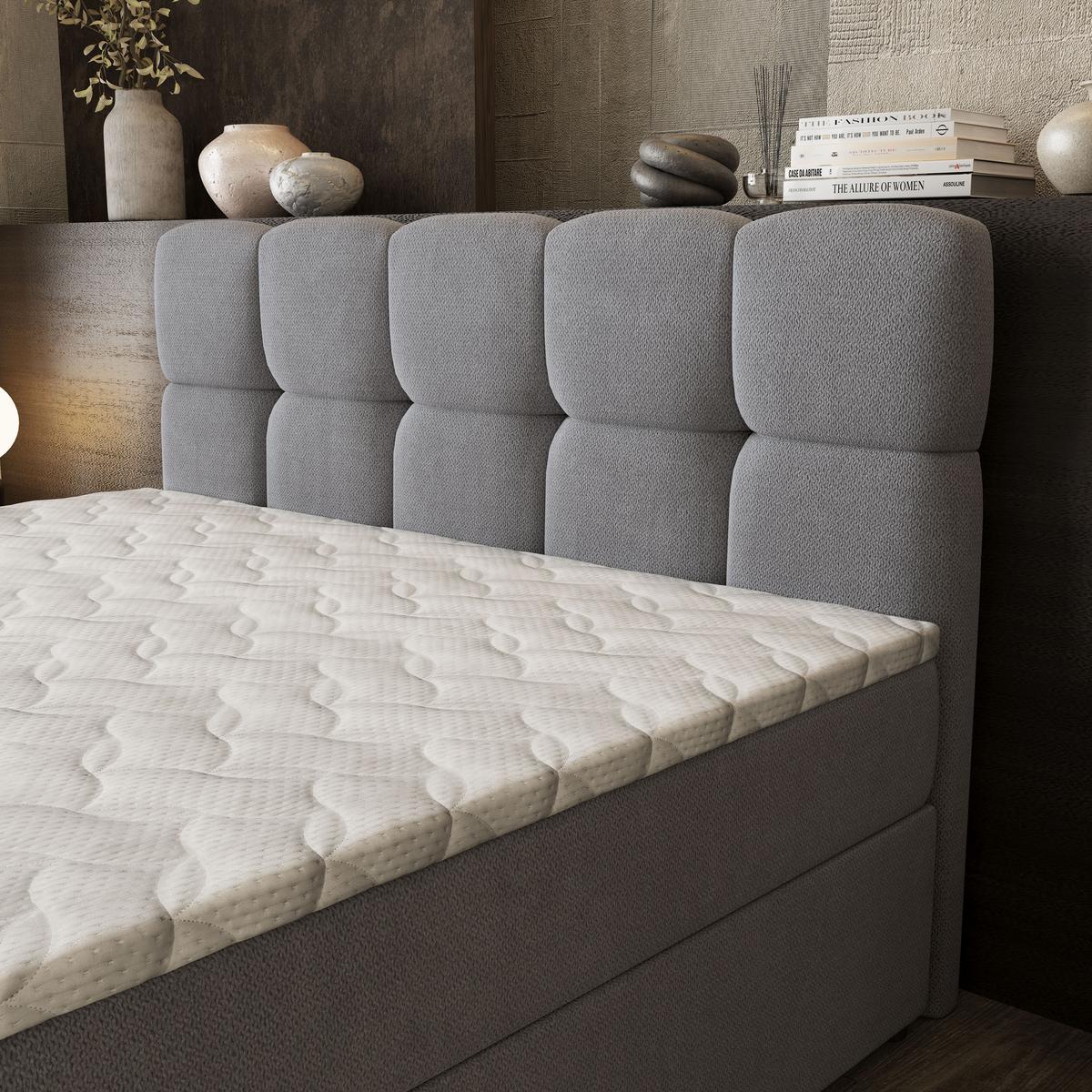 BOXBETT BRUME 200x200 cm mit Matratze und Topper, H2+H3 - Grau - Grau, Holz (200/200cm) - MASSENO