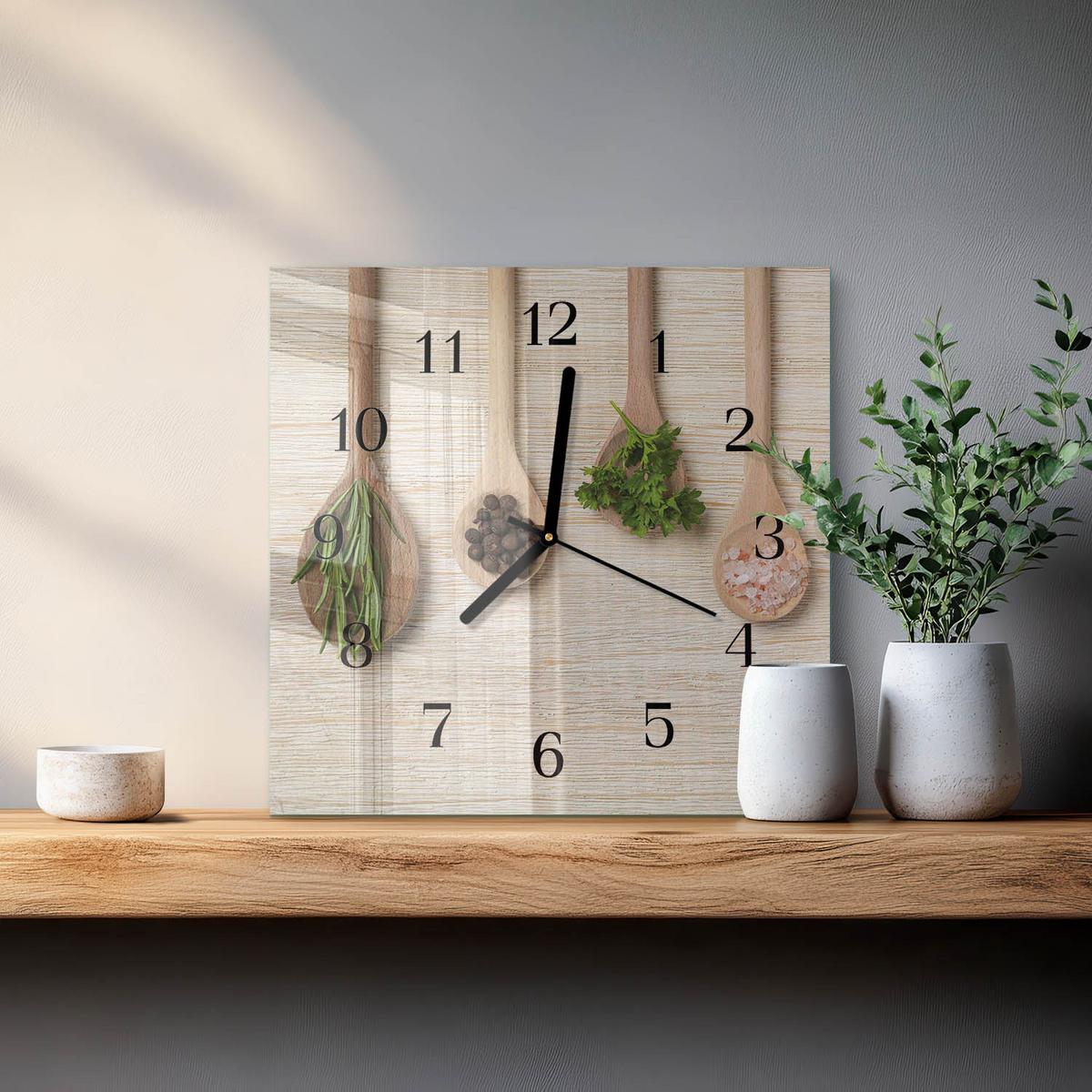 WANDUHR aus Glas 30x30 cm - Holzlöffel - Braun, Glas (30/30/0.4cm) - TULUP