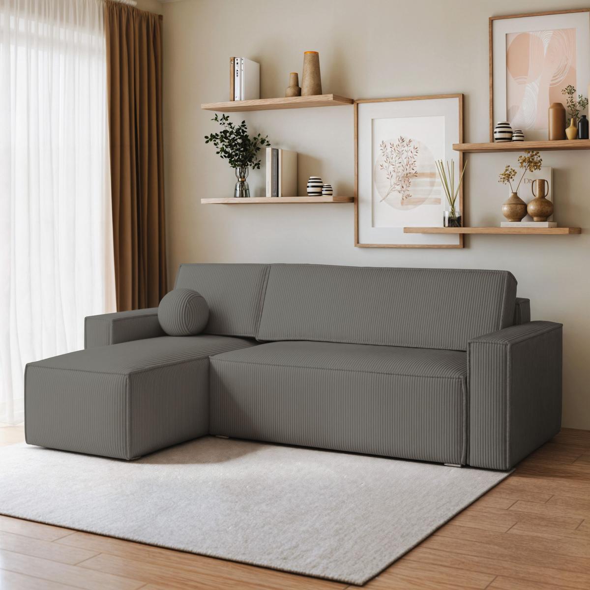 ECKSOFA RAVELO P Grau Kordstoff mit Schlaffunktion - Grau, Holz/Kunststoff (240/140cm) - MASSENO