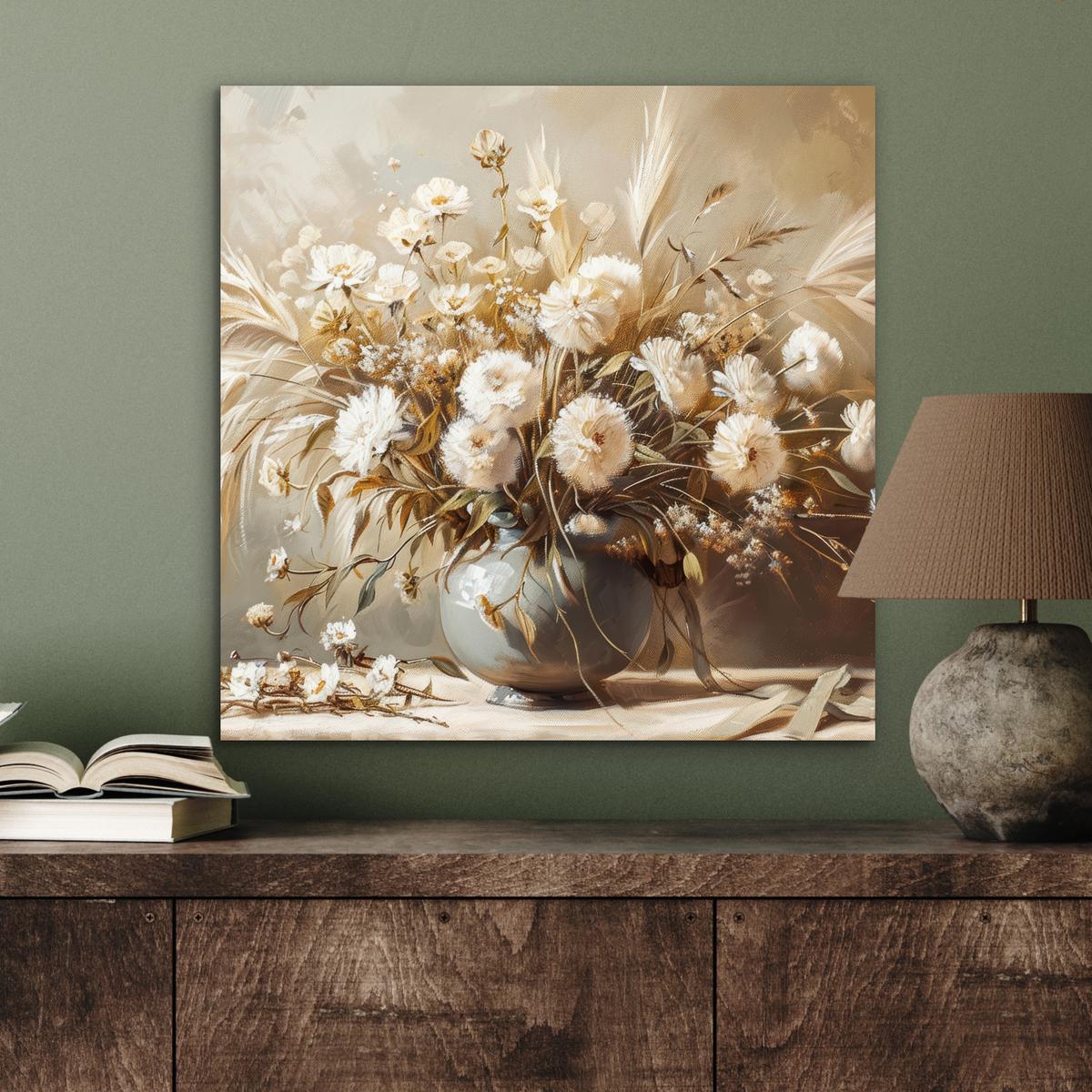 METALLBILD Blumen - Vase - Stilleben - Beige 50x50 cm - Creme, Metall (50/50cm) - MuchoWow