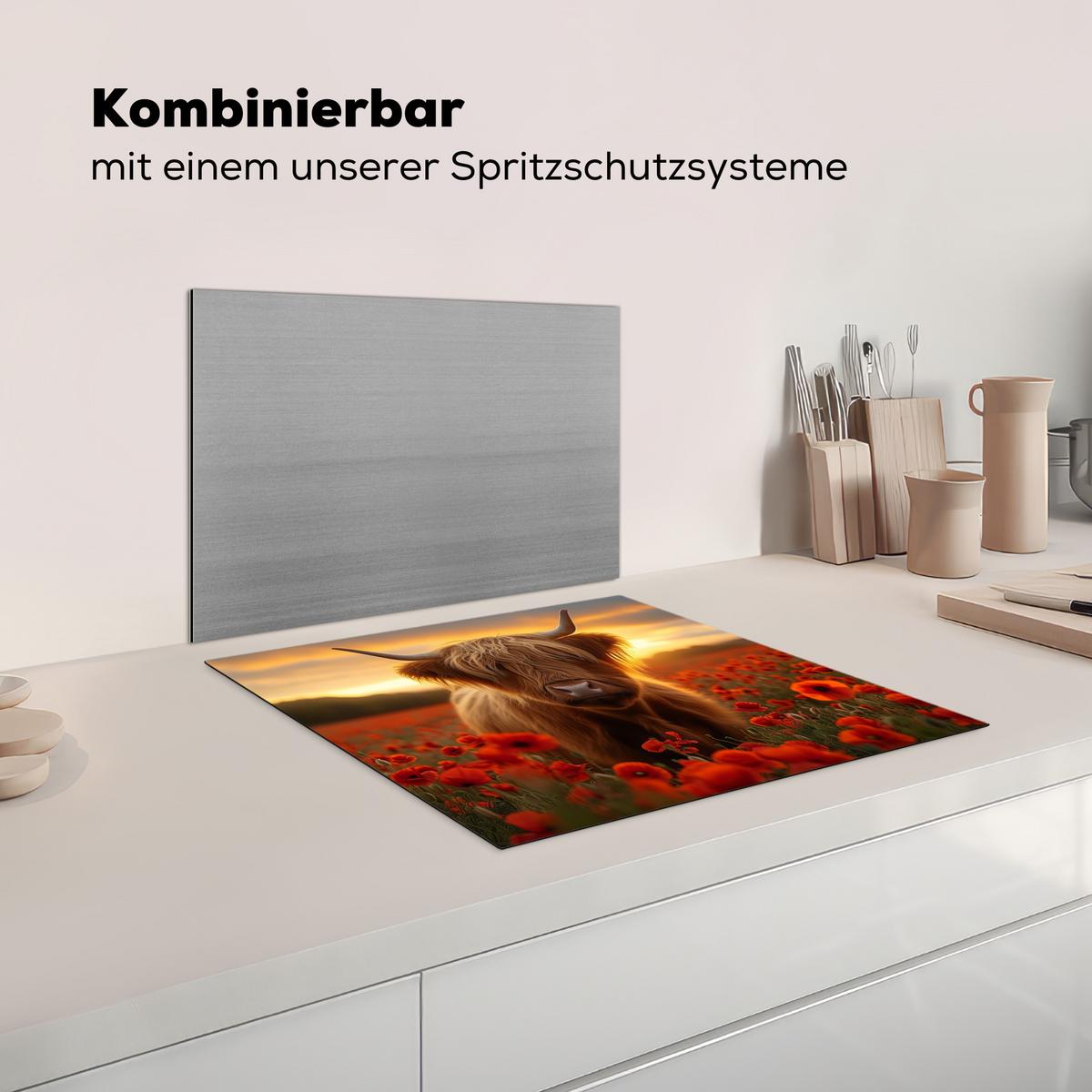 HERDABDECKPLATTE Schottische Highlander - Rosen - Blumenfeld - Sonnenuntergang Abdeckung Ceranfeld 59x51 cm - Rotbraun, Kunststoff (59/51/0.2cm) - MuchoWow