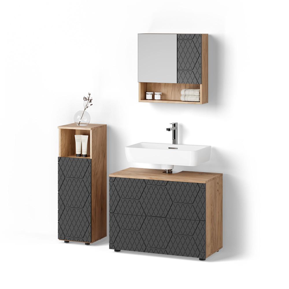 BADMÖBEL-SET Ronco Anthrazit mit Wabenstruktur 3 Teile, mit Midischrank - Anthrazit, Holzwerkstoff (80/58/41cm) - Livinity®