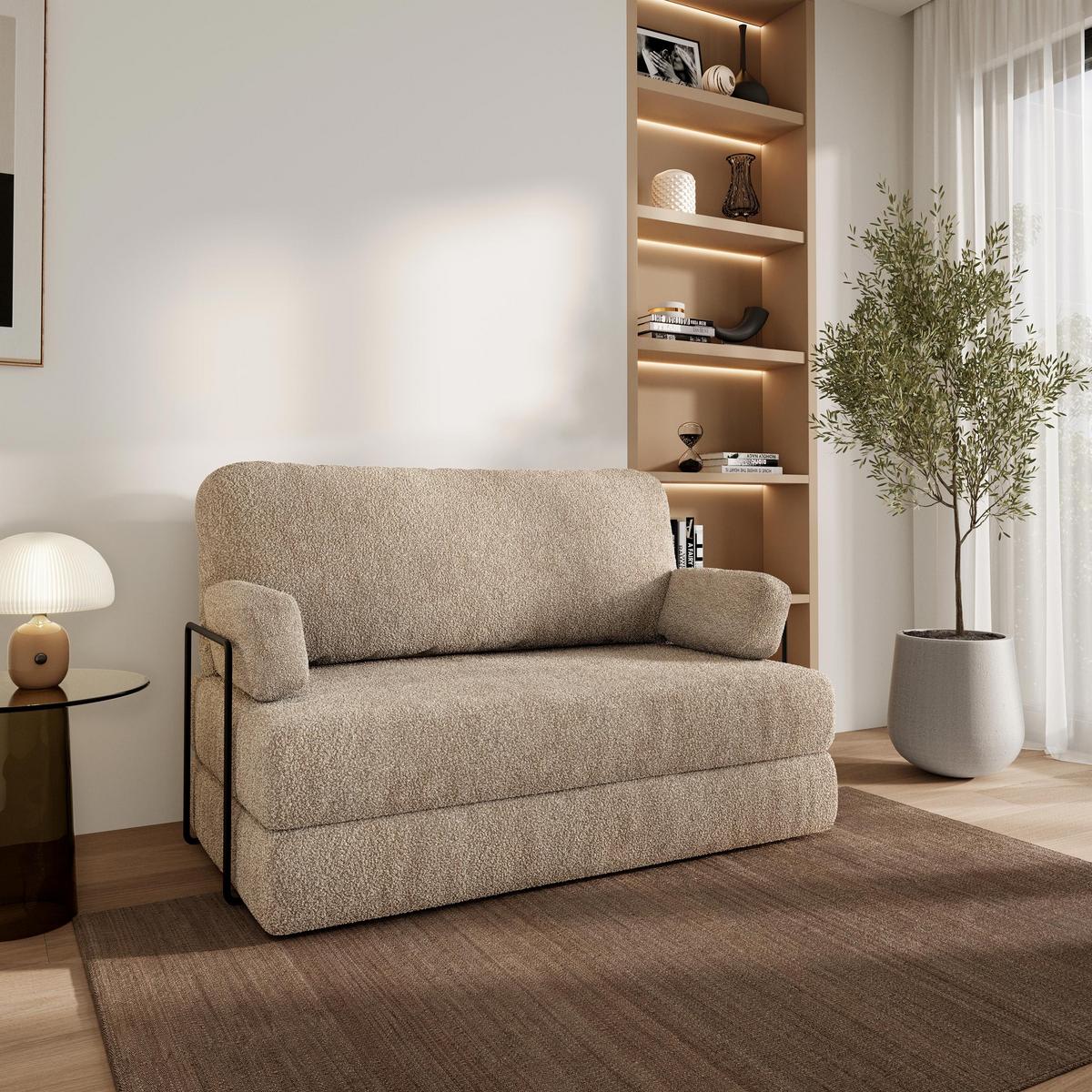 BETTSOFA KESTE aus Schaumstoff Bucle-Stoff Beige Schlaffunktion - Beige, Textil (140/86/60cm) - MASSENO
