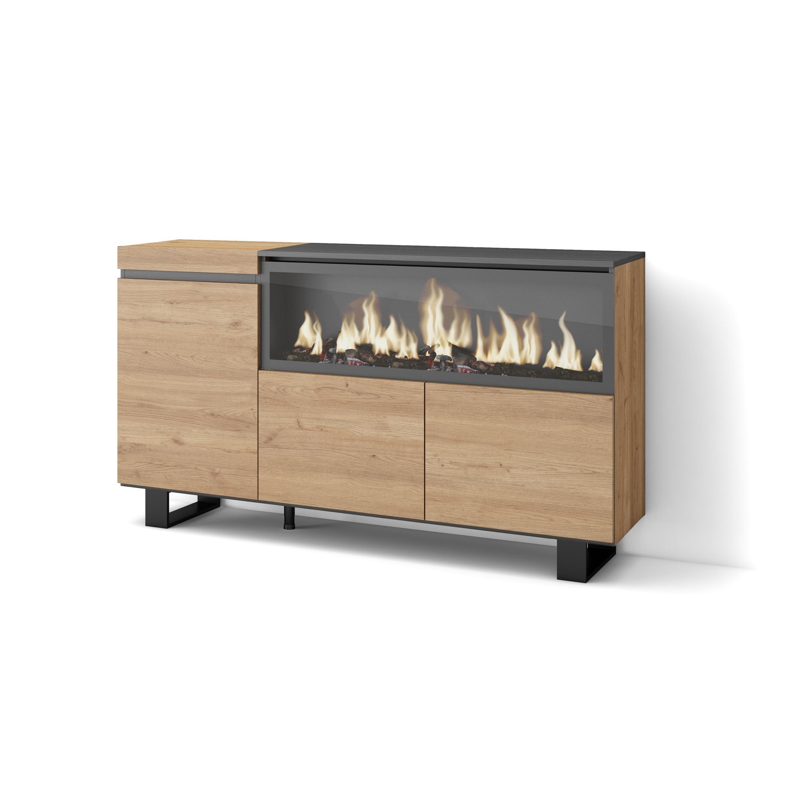 SIDEBOARD, Elektrokamin XXL, eiche, 158/35/87cm - Eichefarben/Schwarz, Holzwerkstoff (158/87/35cm) - Skraut Home