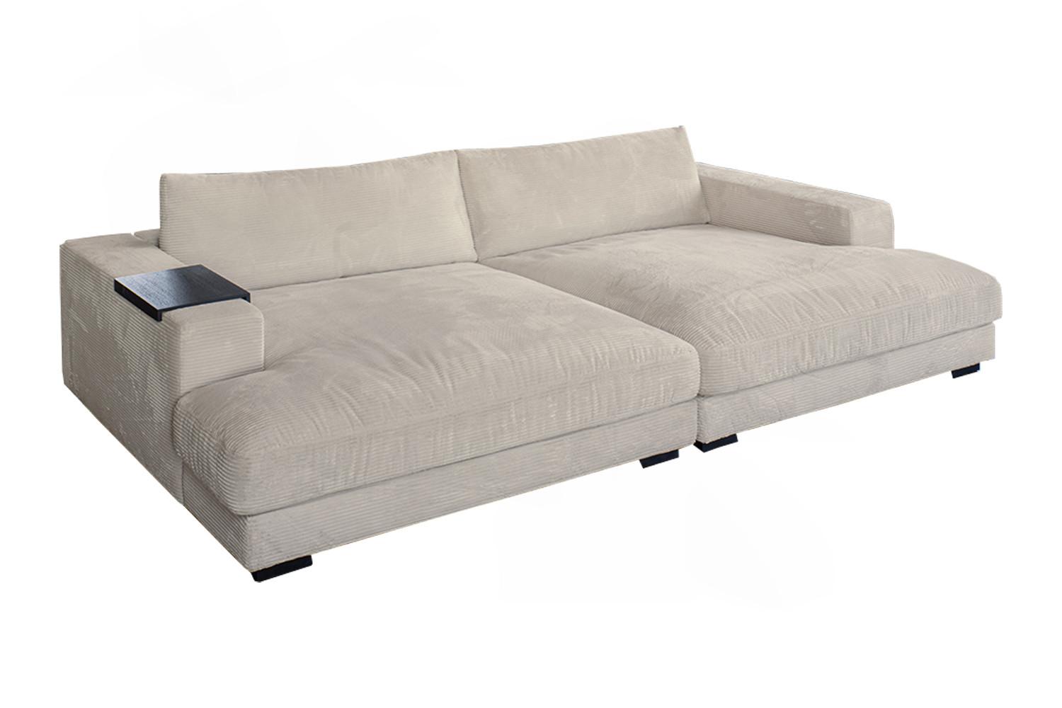 BIG SOFA XL MIT TABLETT MADELINE Cremeweiß Cord - Creme/Schwarz, Kunststoff/Textil (290/85/190cm) - KAWOLA