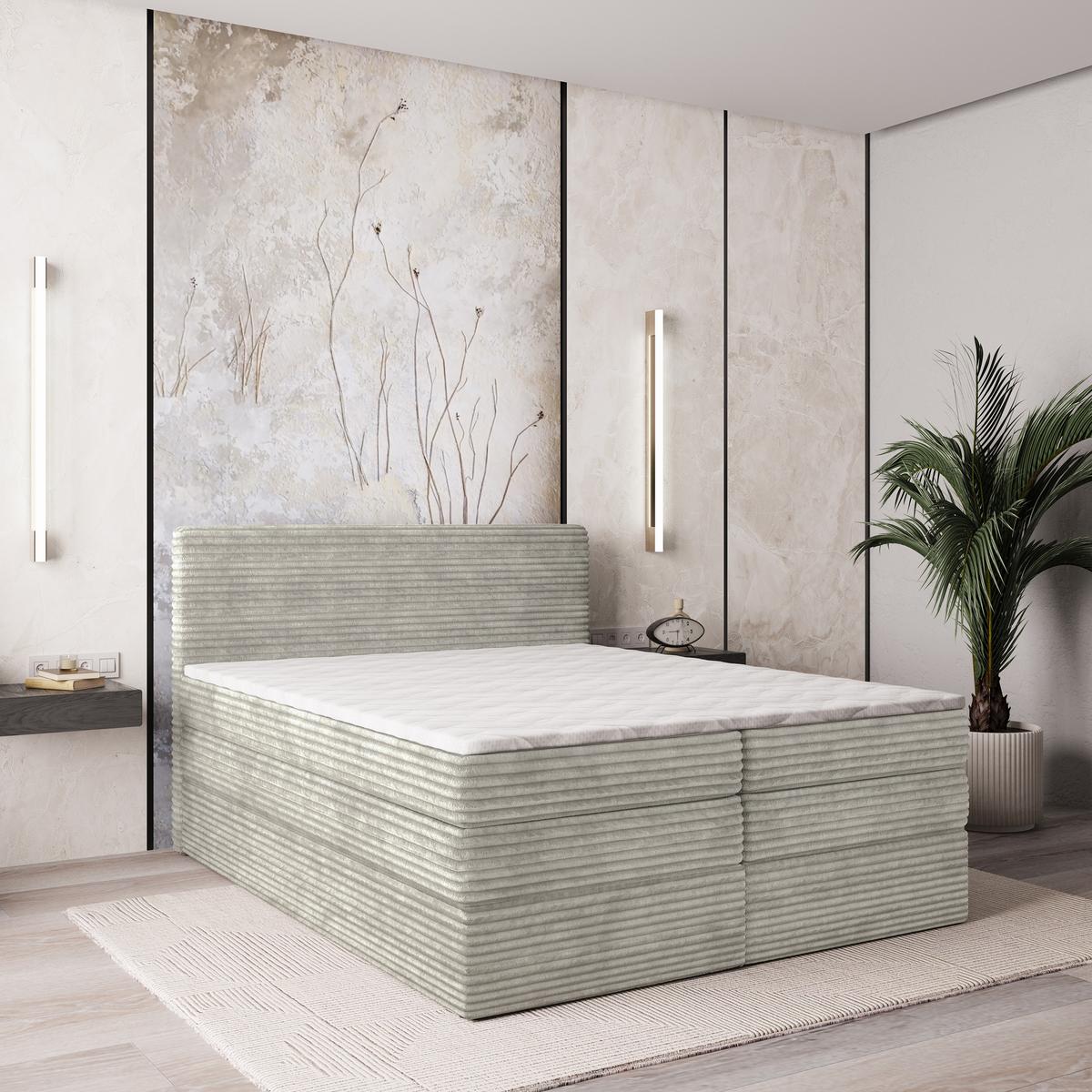 BOXSPRINGBETT LUNERA 180x200 cm mit Matratze und Topper - Hellgrau - Hellgrau, Holz (180/200cm) - MASSENO