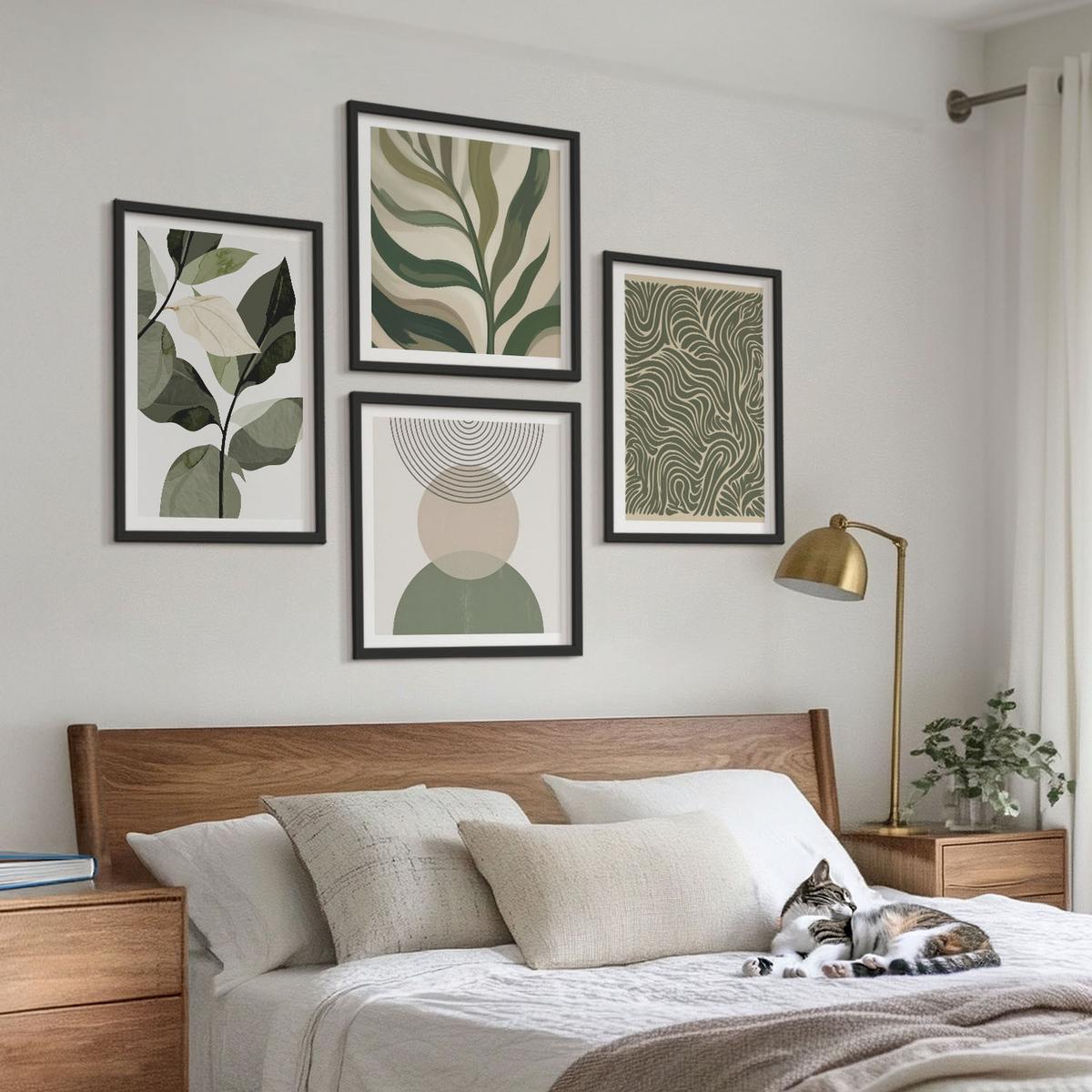 BILDER SET 4er Set - 50x50 cm & 40x60 cm Schwarzer Rahmen - Blätter geometrische Formen abstrakt - Schwarz, Kunststoff (50/50cm) - TULUP