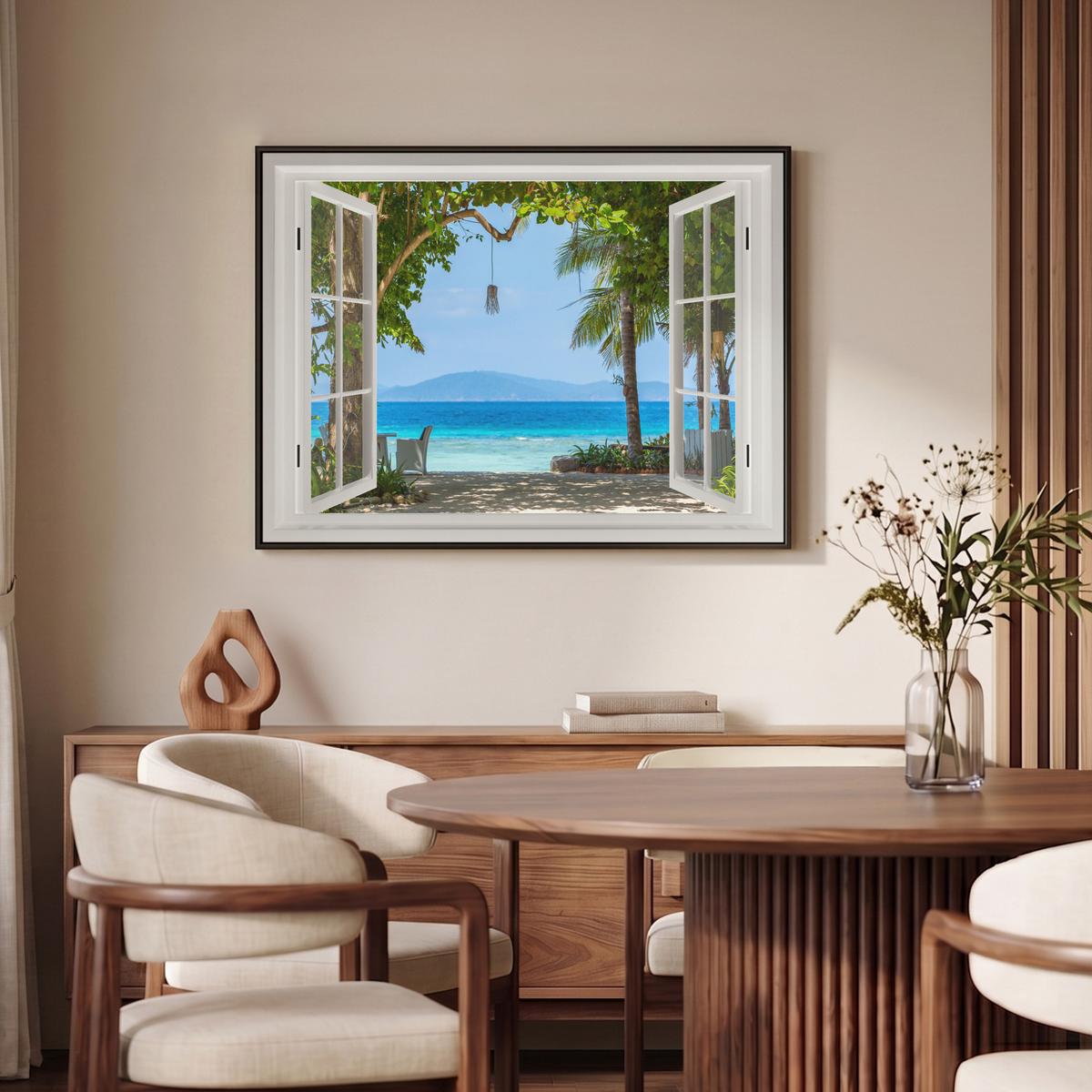 LEINWAND Bilder mit Rahmen - Aussicht - Baum - Meer - Palme - Hügel - Strand - Blau - 100x70 - Blau, Textil (100/70cm) - MuchoWow