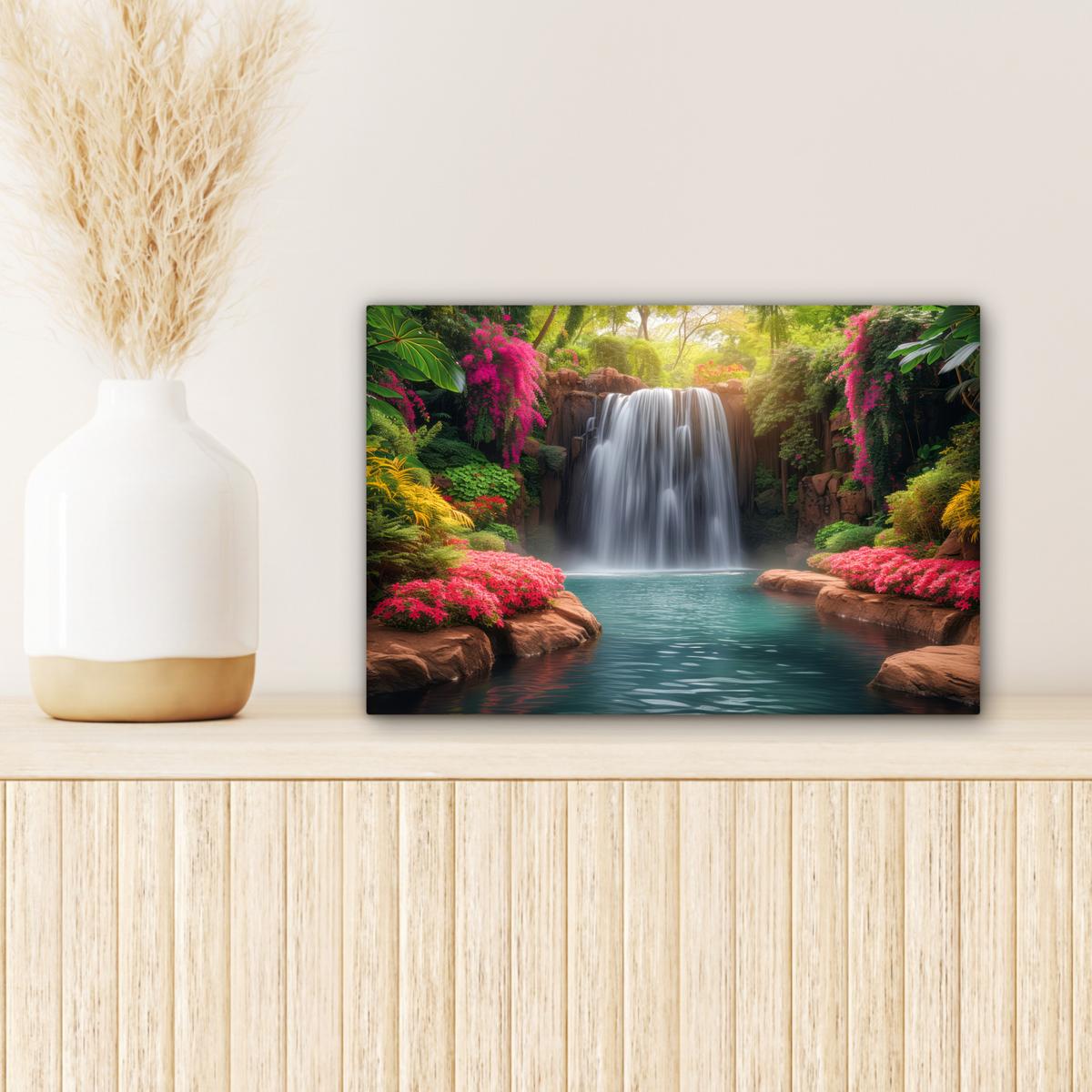 LEINWANDBILD Wasserfall - Natur - Pflanzen - Dschungel - Wasser Deko Schlafzimmer 30x20 cm - Grün, Textil (30/20cm) - MuchoWow
