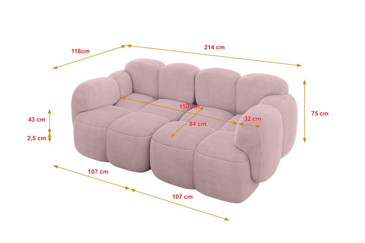 2-SITZER modulares Sofa Miko-S1 214x118x75 cm Rosa Cord - Schwarz/Rosa, Holzwerkstoff/Kunststoff (214/75/118cm) - ALTDECOR