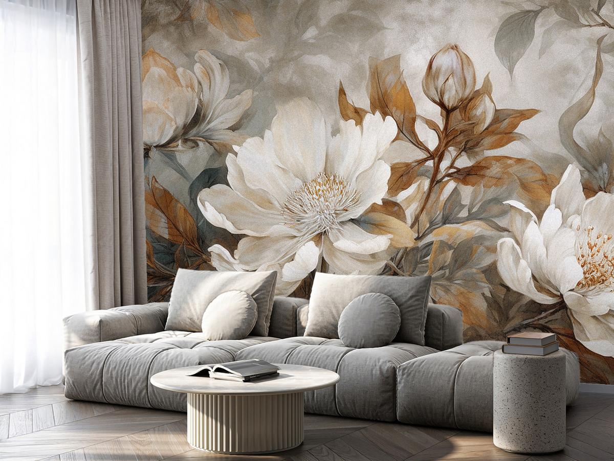 FOTOTAPETE für Wohnzimmer Blätter Abstrakte Blüten Pflanzen Retro 150x105 - Grau, Papier (150/105cm) - Muralo