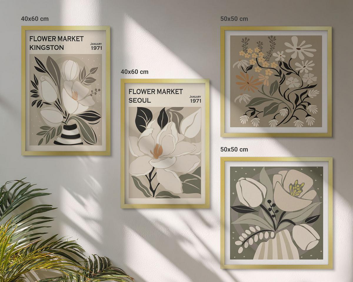 BILDER SET 4er Set - 50x50 cm & 40x60 cm Goldrahmen - Kingston Seoul Retro-Blumen - Goldfarben, Kunststoff (50/50cm) - TULUP