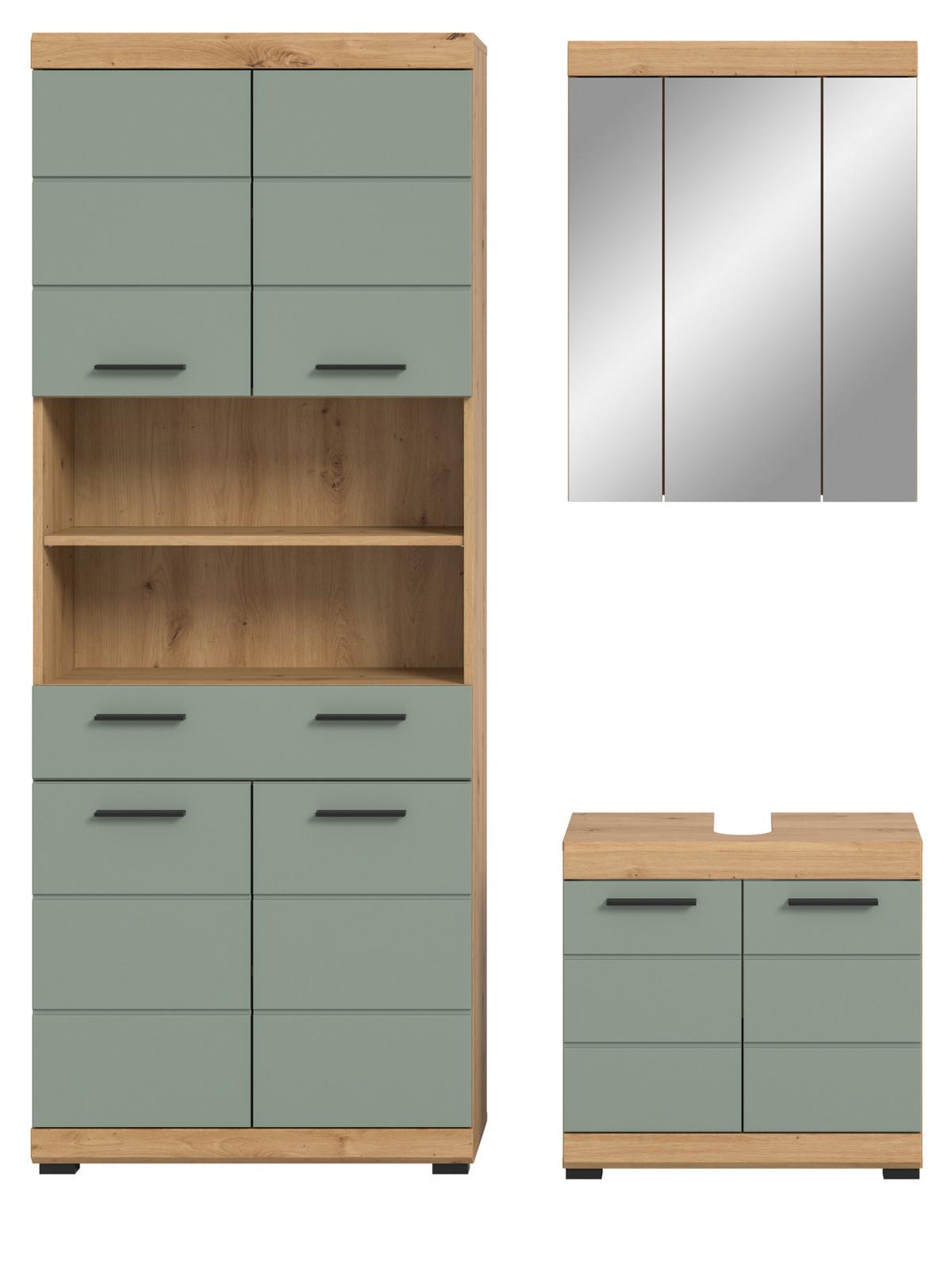 BADMÖBEL-SET Salbei grün, Artisan Eiche 3-teilig 149 cm, Badschränke mit viel Stauraum - Schwarz/Eiche Artisan, Glas/Holzwerkstoff (149/191/34cm) - Inn.Furn