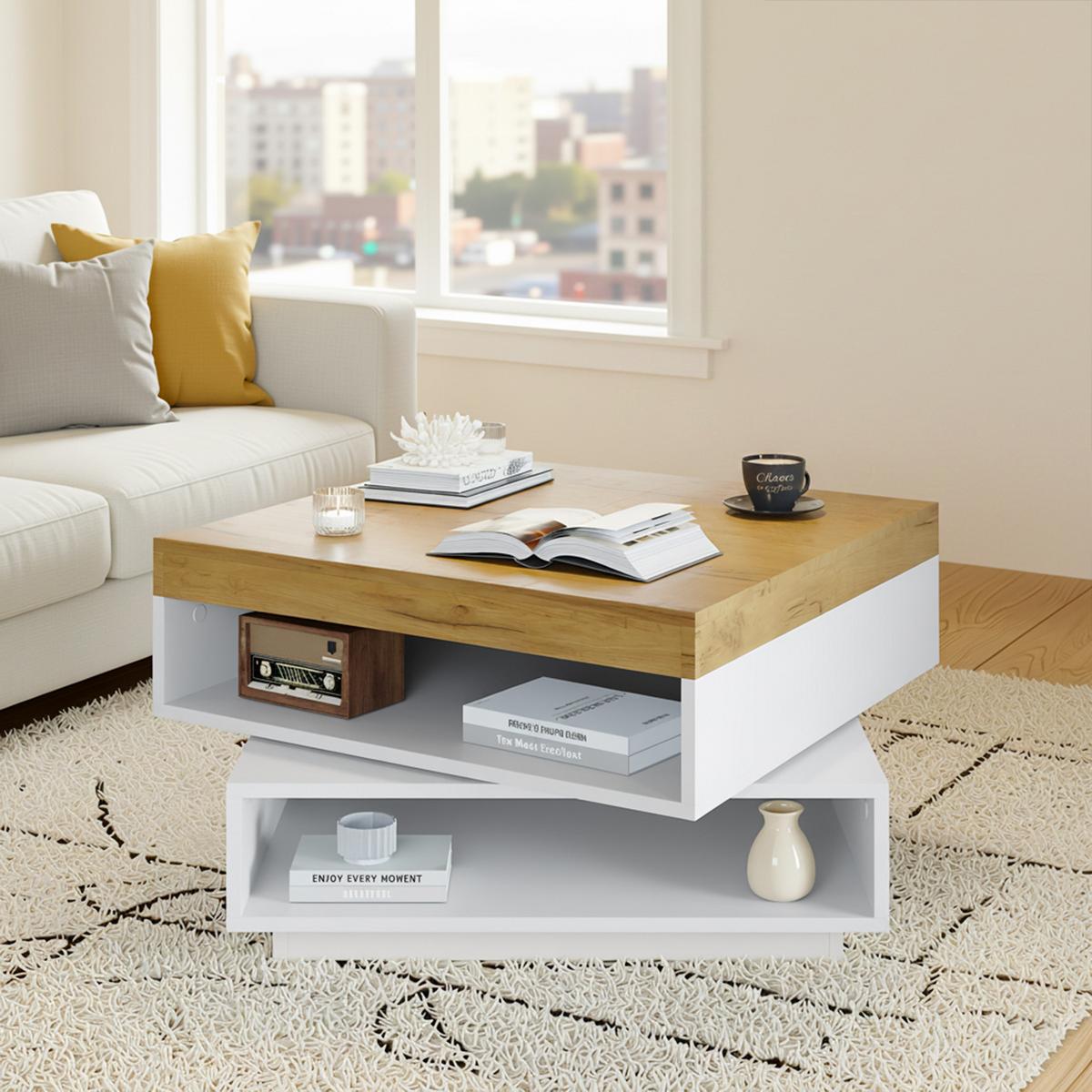 COUCHTISCH weiß & eiche-optik 360° drehbar mit led-beleuchtung - Weiß, Holzwerkstoff (65/65/40cm) - Urban Meuble