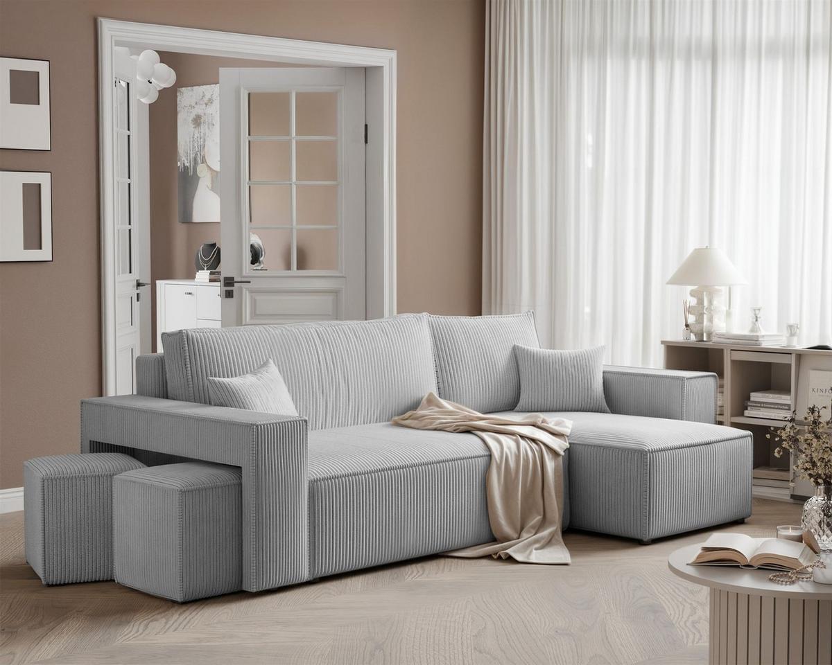 ECKSOFA Adara Inkl. Hocker - Hellgrau, Holzwerkstoff/Textil (145/262cm) - Fun Möbel