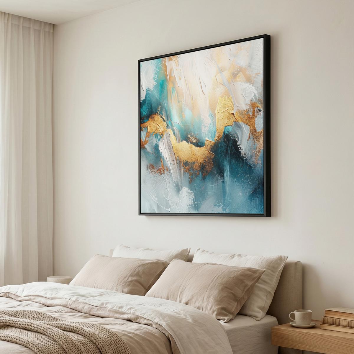 LEINWAND Bilder mit Rahmen - Abstrakt - Kunst - Gold - Blau - 90x90 - Petrol, Textil (90/90cm) - MuchoWow