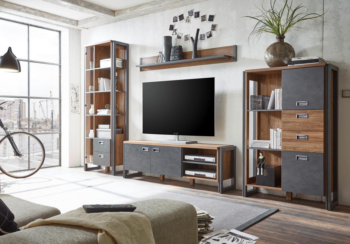 TV-LOWBOARD Eiche Stirling, Matera grau, TV Unterteil 156 x 53 cm - Eichefarben/Silberfarben, Holzwerkstoff/Metall (156/53/39cm) - Furn.Design