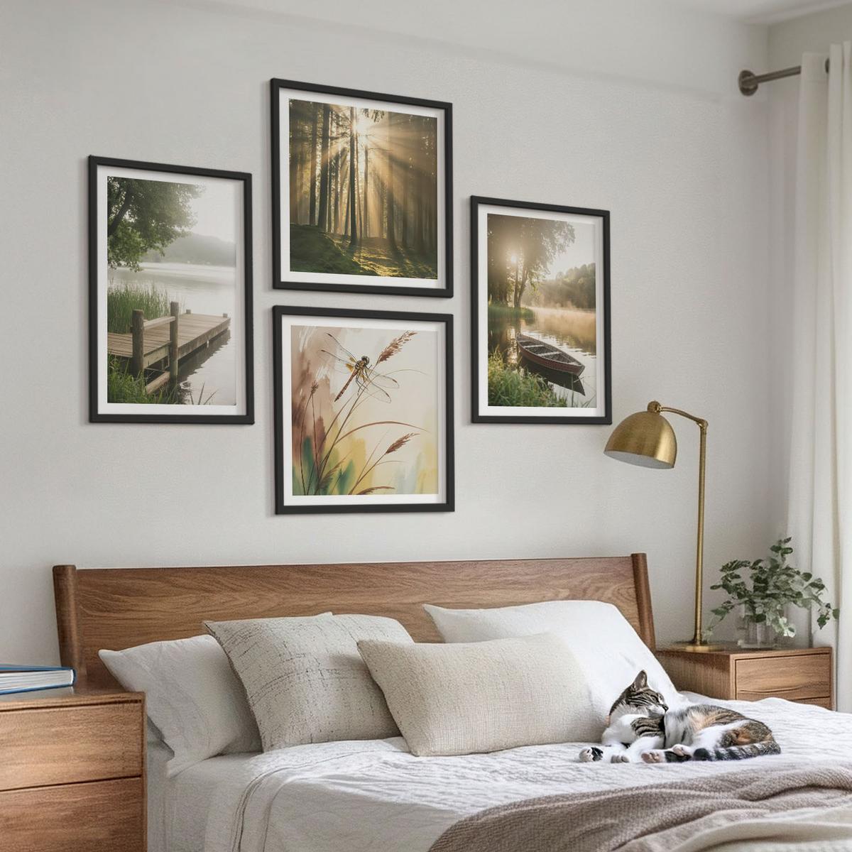 BILDER SET 4er Set - 50x50 cm & 40x60 cm Schwarzer Rahmen - See, Wald, Boot, Morgennebel - Schwarz, Kunststoff (50/50cm) - TULUP