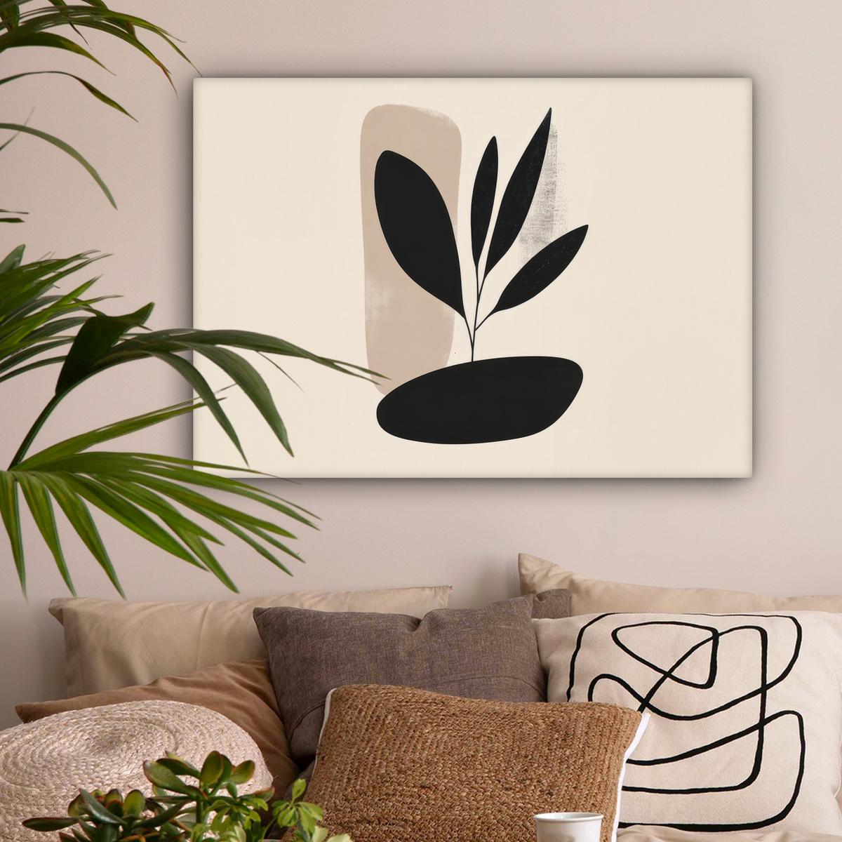 LEINWANDBILD Pflanze - Beige - Japanisch Wandbilder 80x60 cm - Schwarz, Textil (80/60cm) - MuchoWow