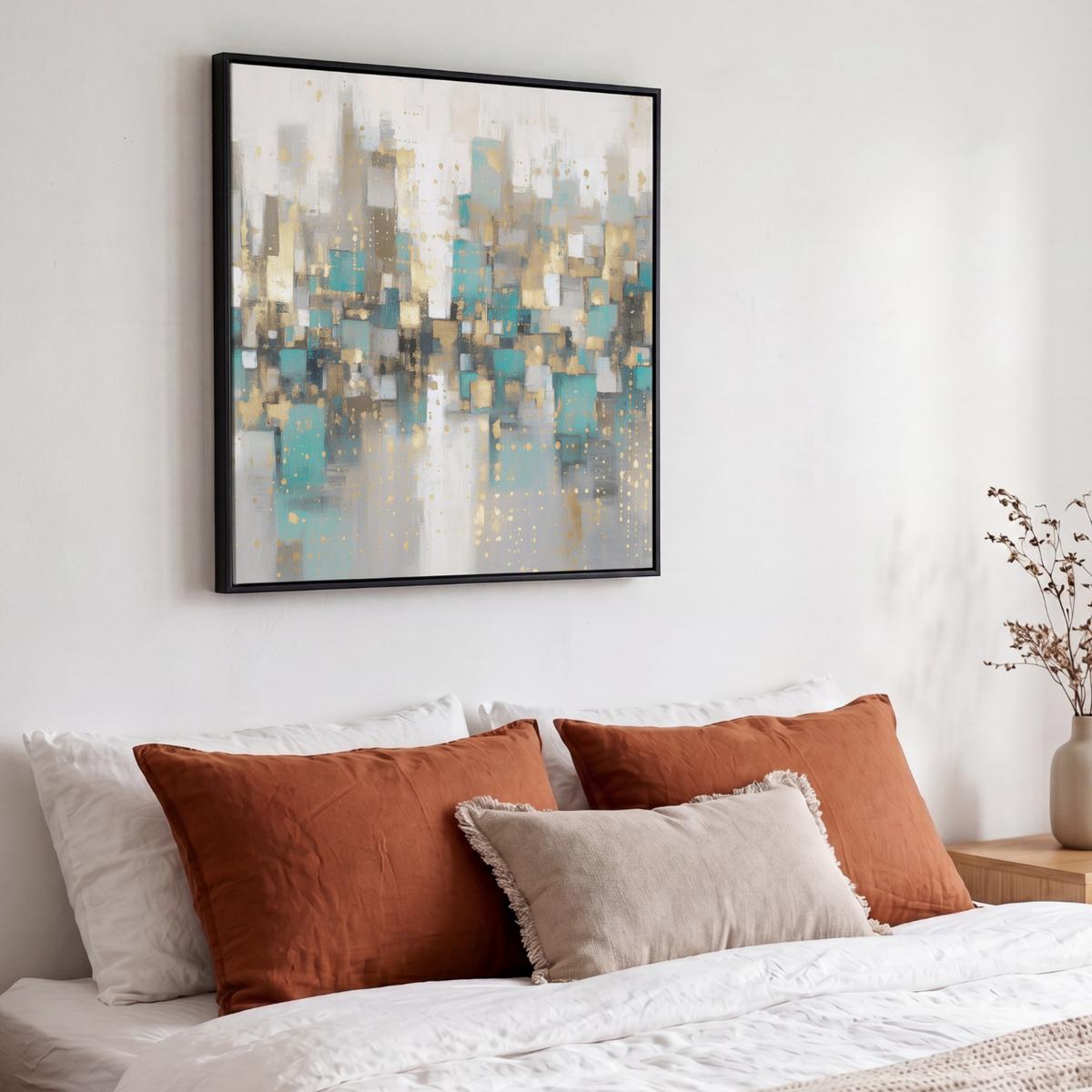 LEINWAND Bilder mit Rahmen - Abstrakt - Blöcke - Gold - Skyline - 50x50 - Beige, Textil (50/50cm) - MuchoWow